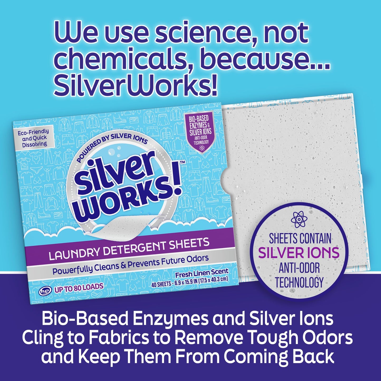 SilverWorks! Premium Dissolvable Laundry Detergent Sheets, Silver Ion Odor Elimination Technology, Powerfully Clean & Prevent Odors, Dissolves Fully