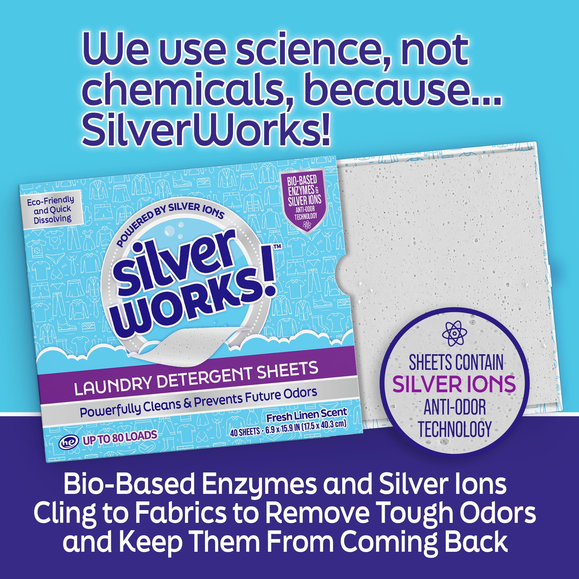 SilverWorks! Premium Dissolvable Laundry Detergent Sheets, Silver Ion Odor Elimination Technology, Powerfully Clean & Prevent Odors, Dissolves Fully