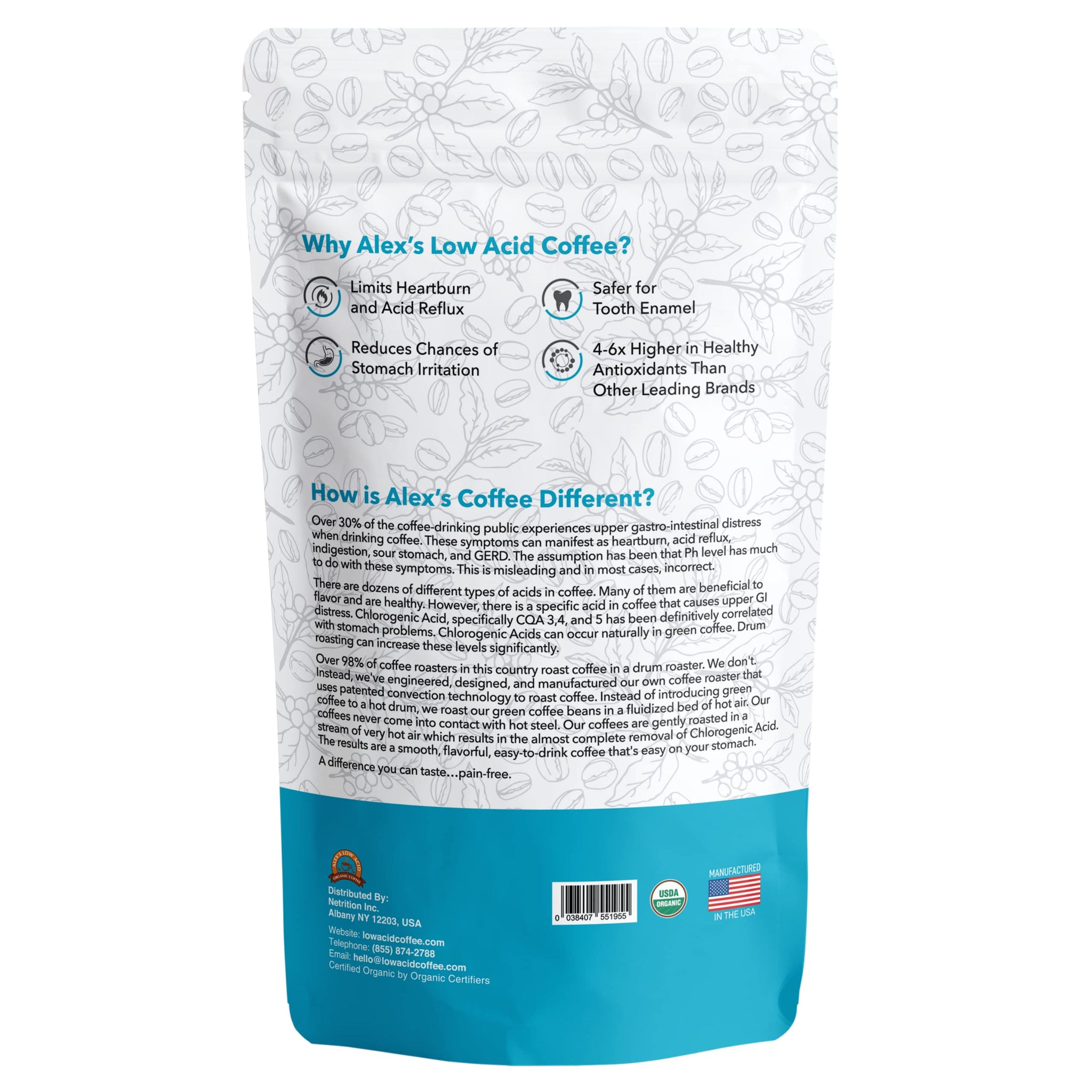 Alex's Low Acid Organic Coffee 12oz Bag - Half Caff Fresh Ground (Pack of 1)
