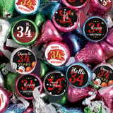 Happy 34th Birthday Party Favor Labels Chocolate Kisses Candy Stickers - Thirty Four Years Old Birthday Round Candy Sticker Party Favors - Black