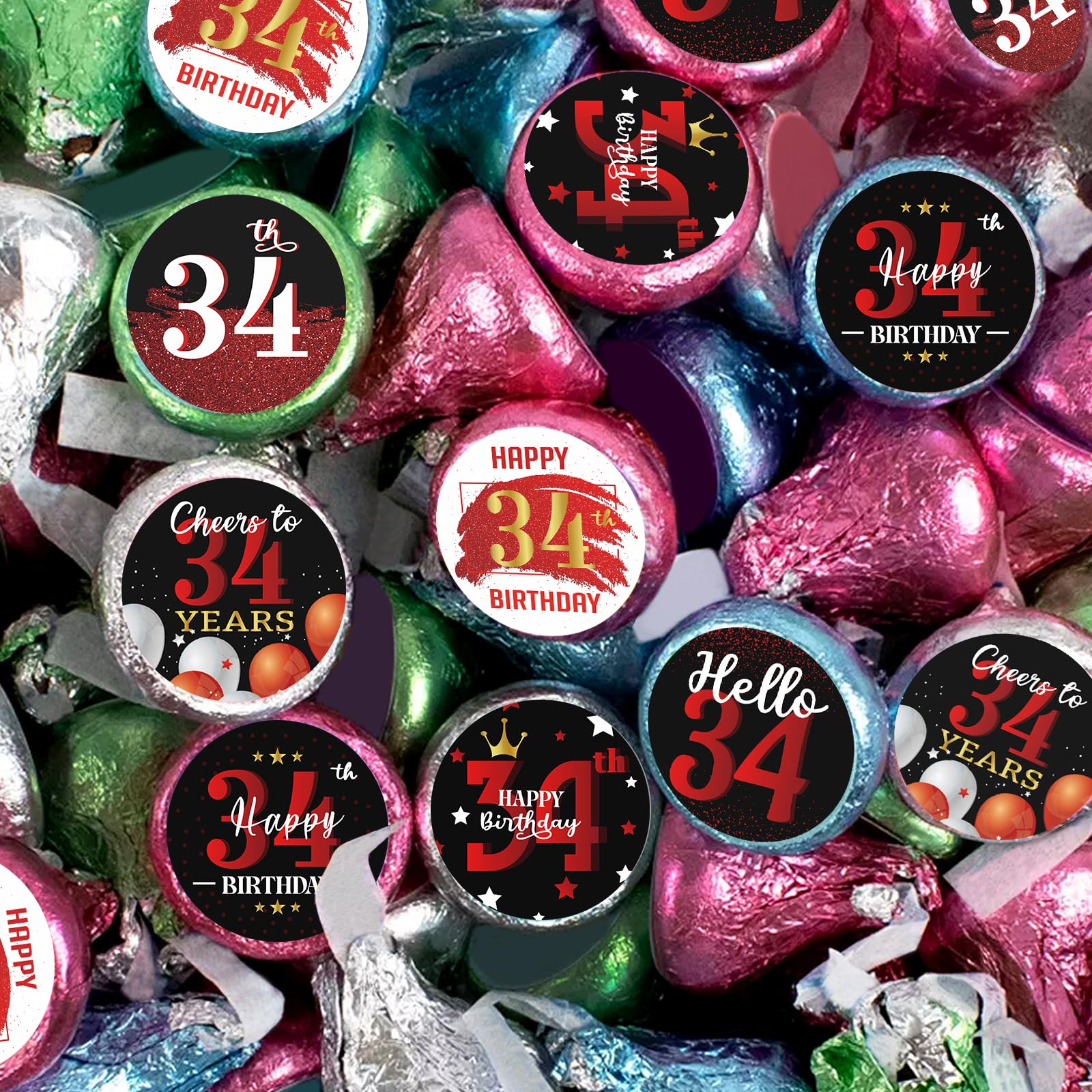 Happy 34th Birthday Party Favor Labels Chocolate Kisses Candy Stickers - Thirty Four Years Old Birthday Round Candy Sticker Party Favors - Black