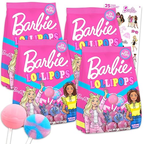 Barbie Lollipop Bulk Pack - 100 Individually Wrapped Halloween Hard Candy Suckers, Sweet Treats, Pinata, Stickers - Assorted Pop Flavors Party Favors