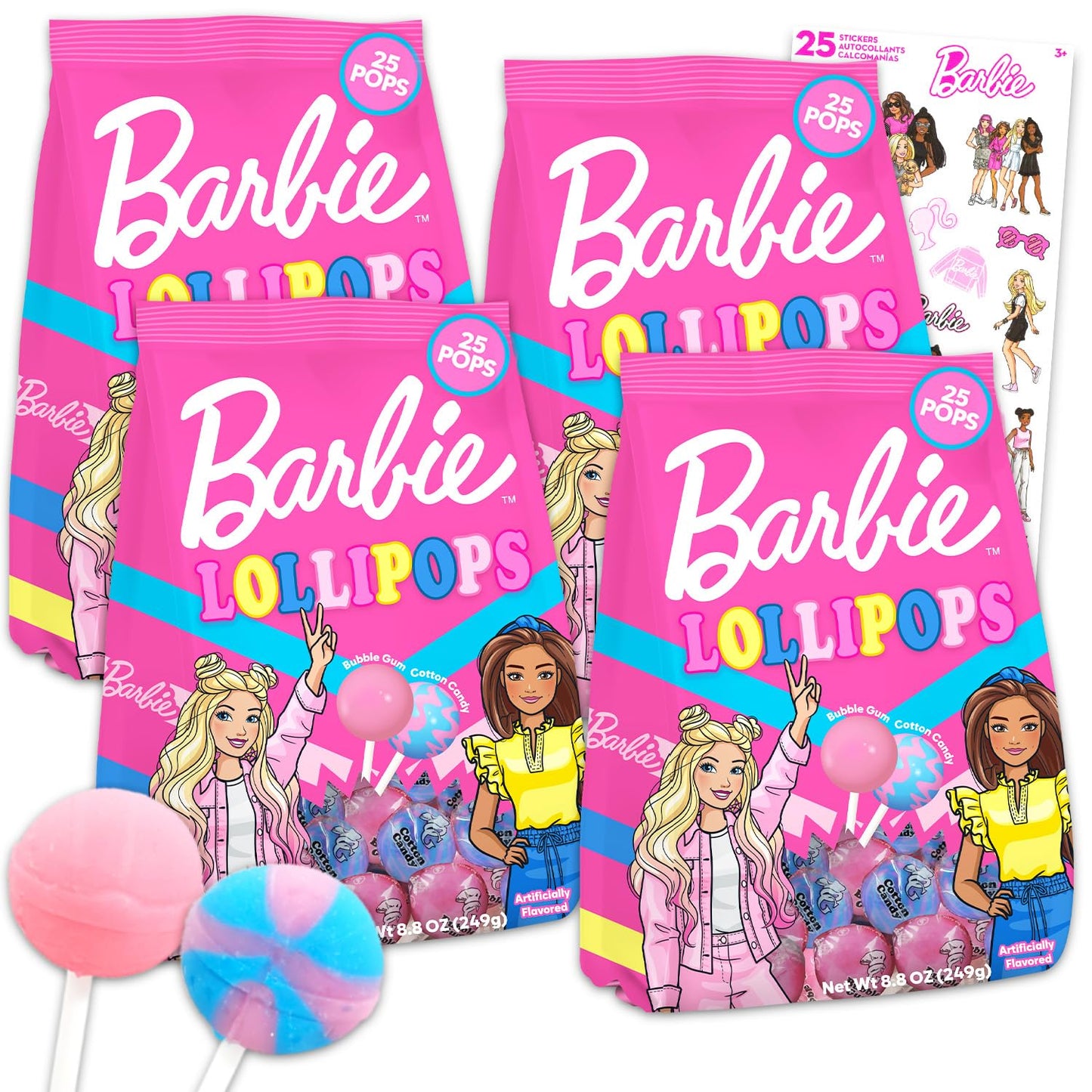 Barbie Lollipop Bulk Pack - 100 Individually Wrapped Halloween Hard Candy Suckers, Sweet Treats, Pinata, Stickers - Assorted Pop Flavors Party Favors
