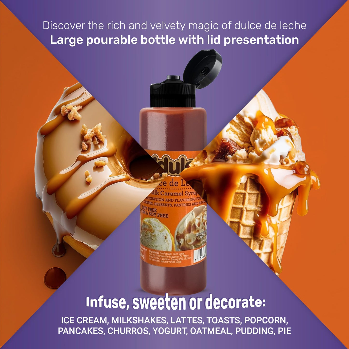 N’DULCE Dulce De Leche Syrup, Caramel for Coffee, Caramel sauce, Light Texture and Rich Flavor, Gluten-free, Nut-free, Pourable Syrup for Beverages, Desserts & Pastries - 21 oz