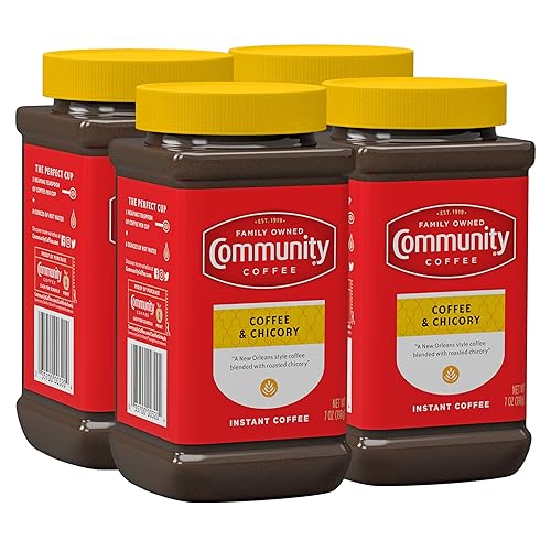 Community Coffee Coffee and Chicory Instant Coffee, Medium Dark Roast, 7 oz Jar (Pack of 4)