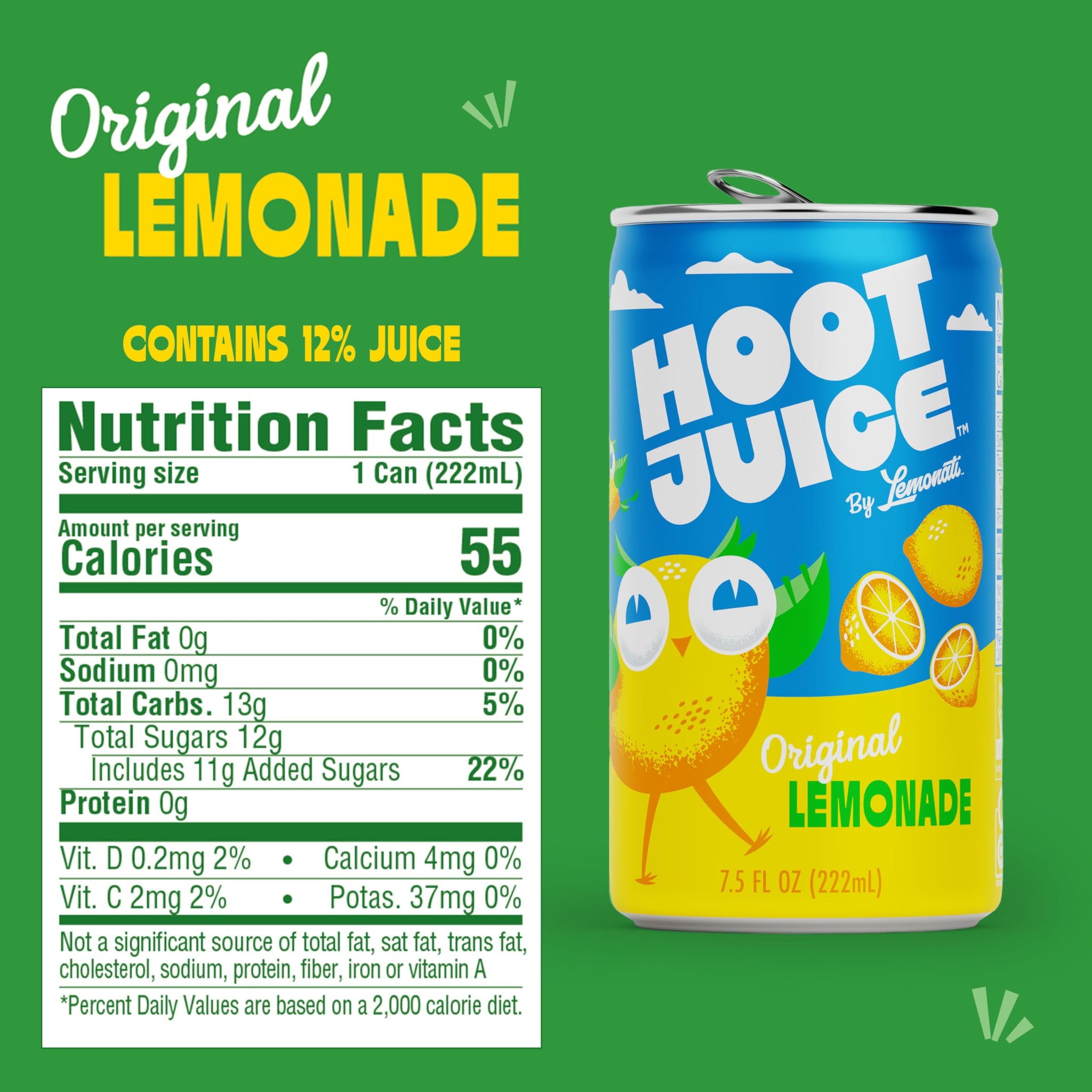 Hoot Juice Lemonade By Lemonati, No Artificial Sweeteners or Flavors, Gluten-Free, Kosher, Non-GMO, Vegan, 7.5 Fl Oz Mini-Cans, Pack of 12, Original