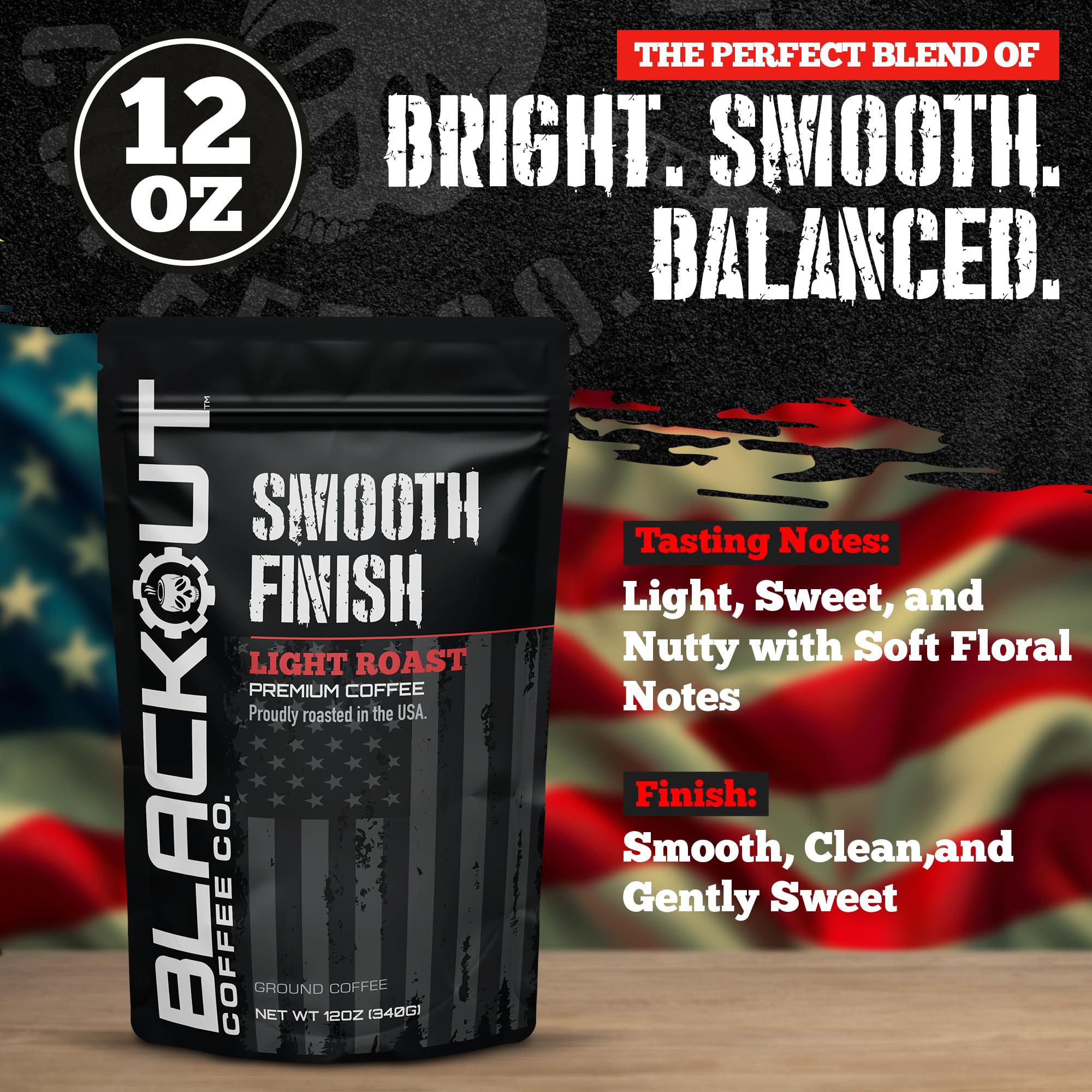 Blackout Coffee Smooth Finish Ground Coffee - Light Roast, Aromatic Smooth Taste - Freshly Roasted 12oz Bag