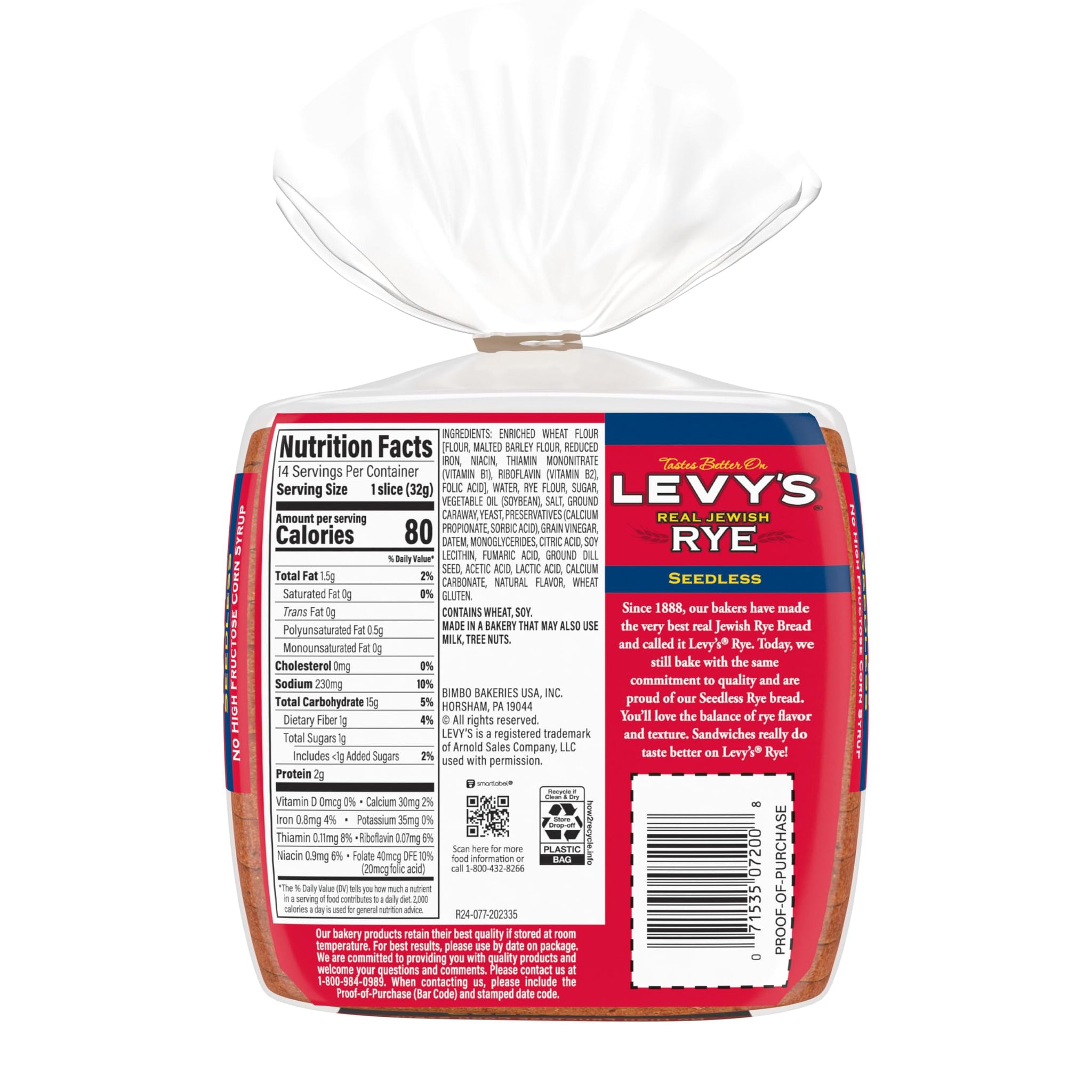 Levy's Seedless Rye Bread, sliced bread Rye Bread, 16 oz Bag