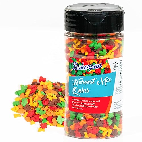 Bakerpan Quins Sprinkles for Cake Decorating - Fall Autumn Harvest Mix Confetti 4 Ounces - Thanksgiving Edible Confetti Sprinkles for Cupcakes, Ice