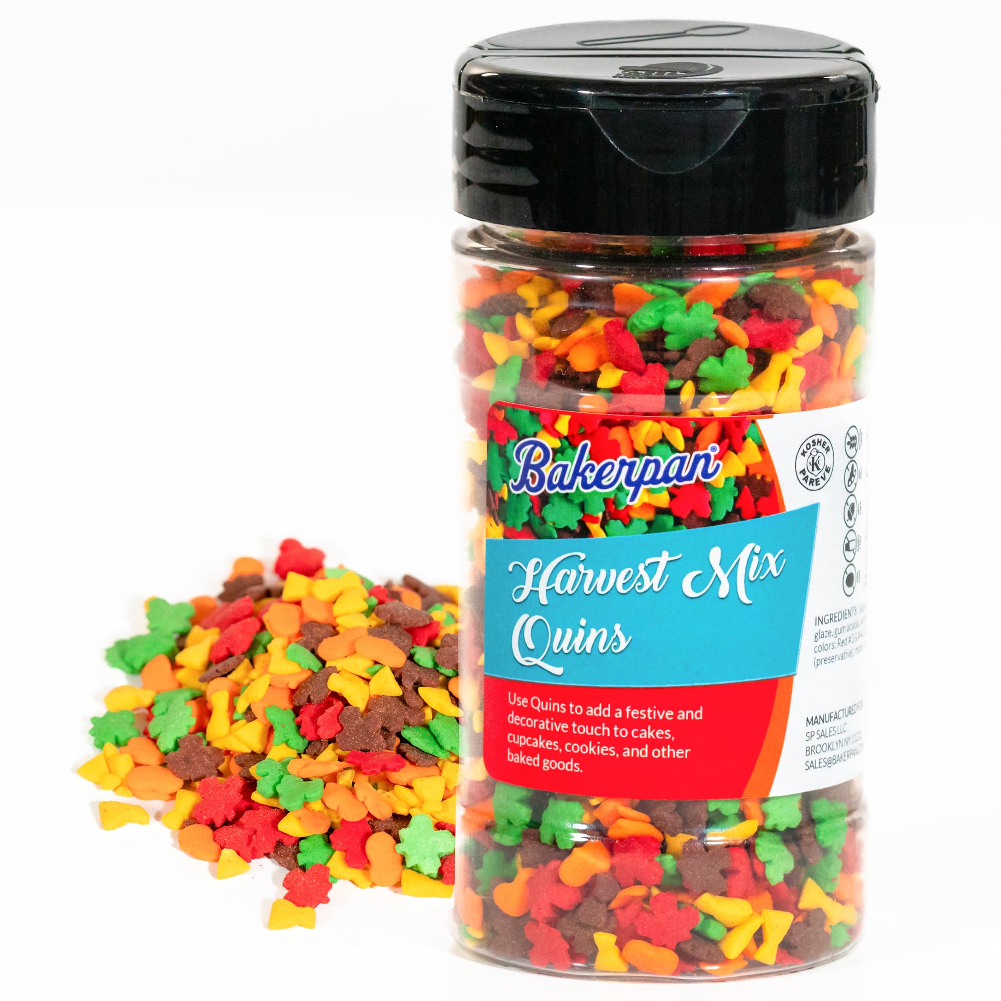 Bakerpan Quins Sprinkles for Cake Decorating - Fall Autumn Harvest Mix Confetti 4 Ounces - Thanksgiving Edible Confetti Sprinkles for Cupcakes, Ice
