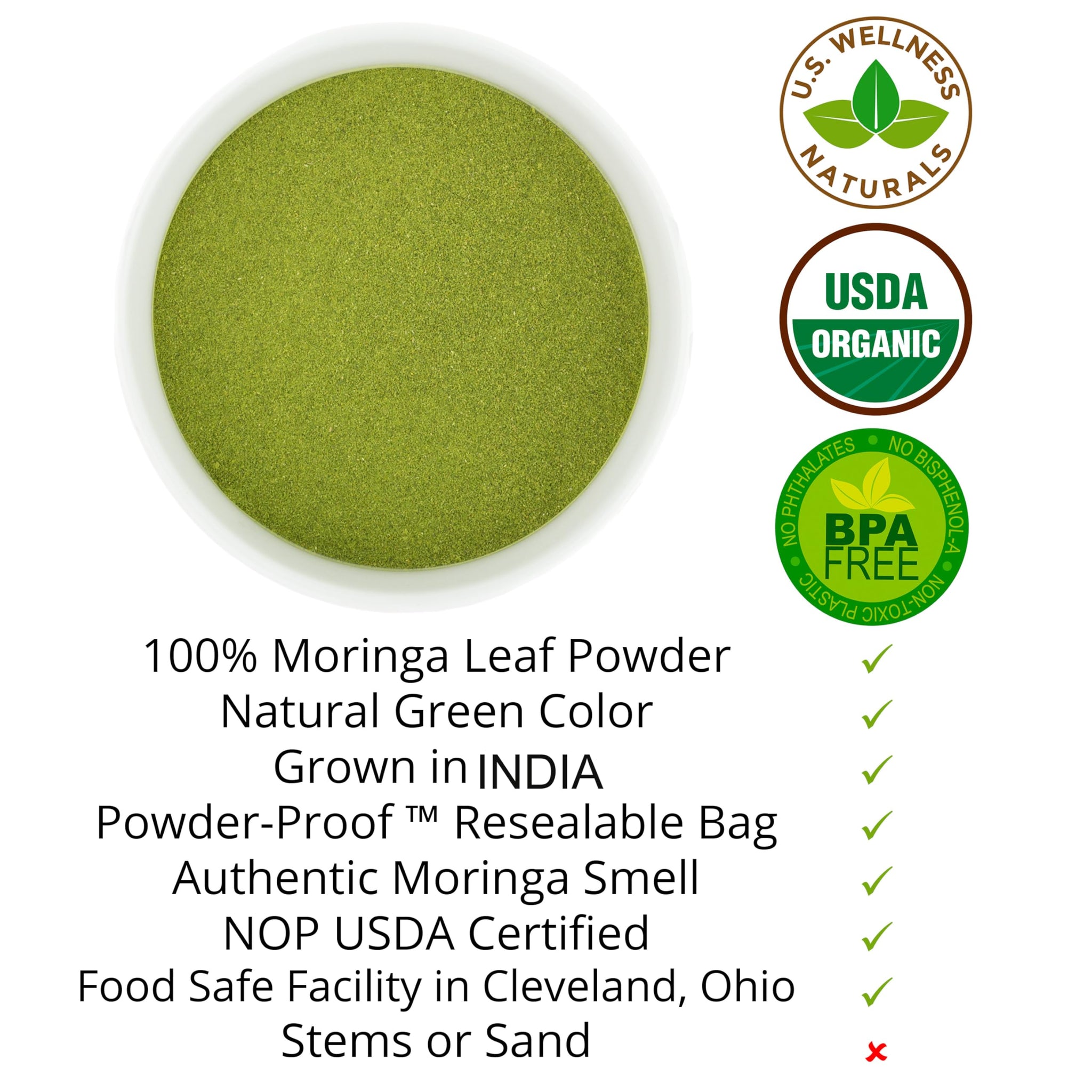 U.S. Wellness Naturals Moringa Powder 1LB (16Oz) 100% Certified Organic| 100% Pure Moringa Leaf NO Stems| - Raw from India | Smoothies | Drinks | Tea