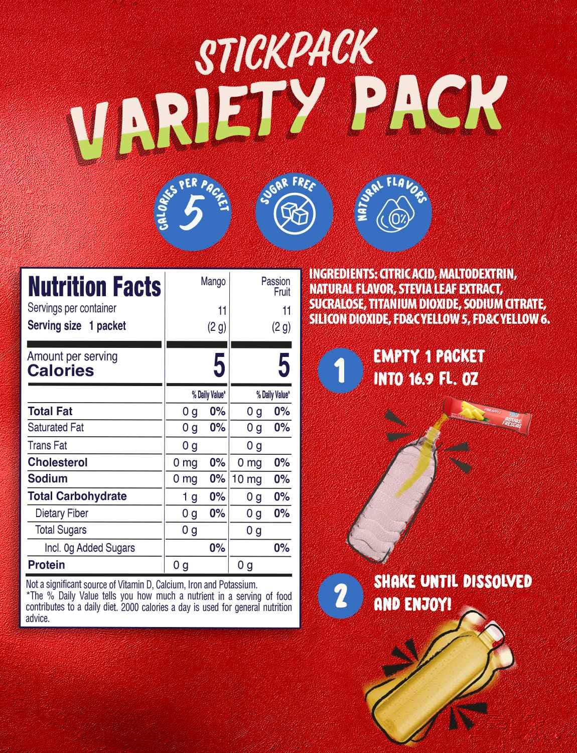 Klass Aguas Frescas, Powdered Drink Mix Variety Pack, 44 Singles Zero Sugar & Caffeine-Free Powder Packets, Water Drink Mix, Flavors: Mango