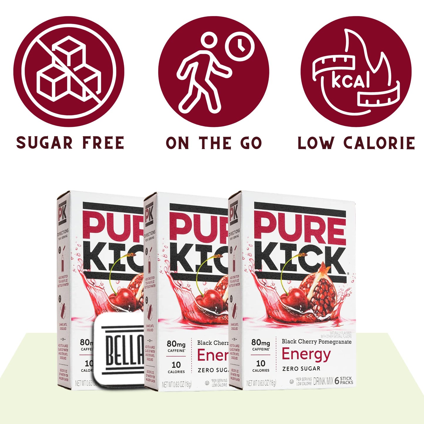 Energy Drink Mix Bundle. Includes Six Boxes of Pure Kick Energy Drink Mix of Black Cherry Pomegranate Flavor. Comes with a BELLATAVO Fridge Magnet!