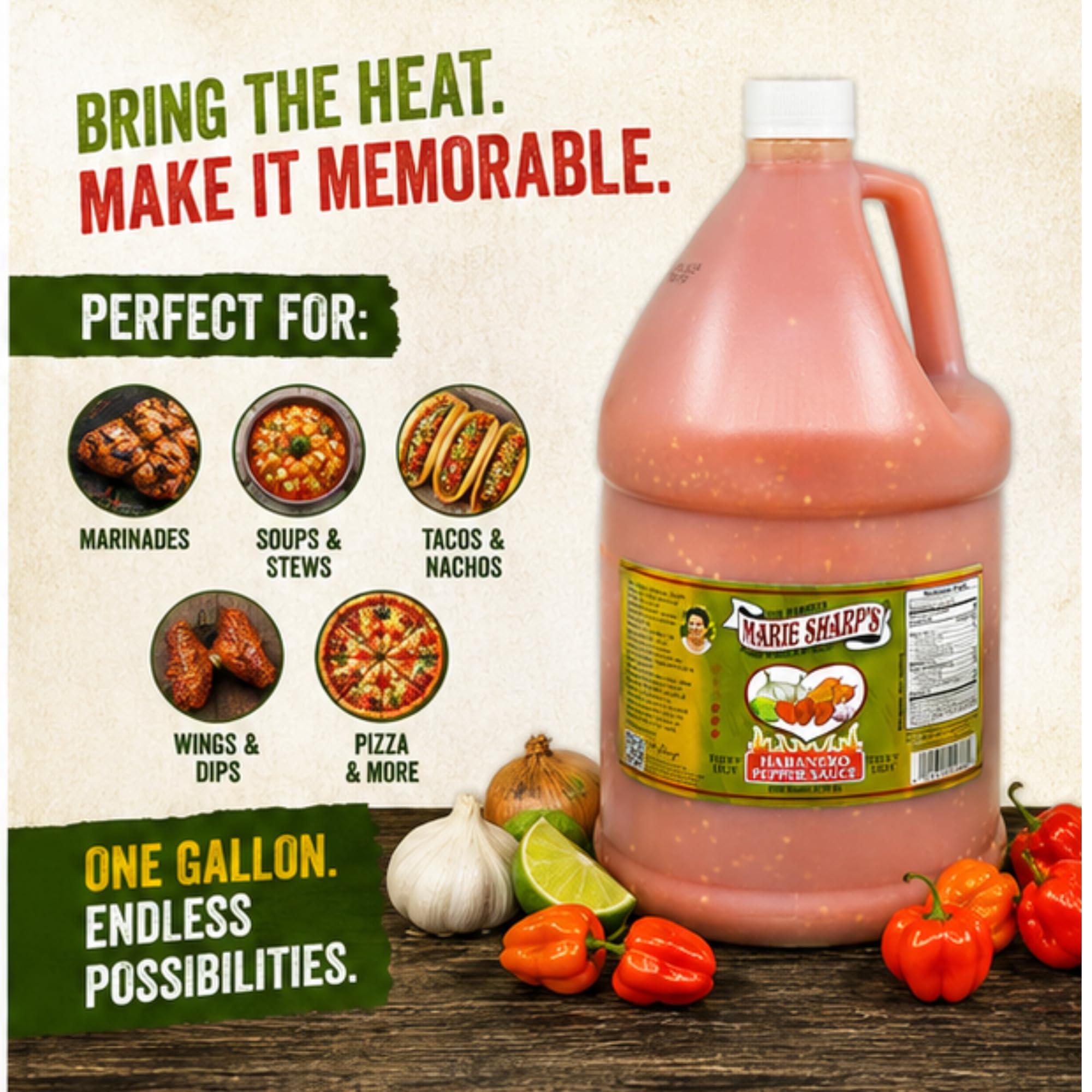 Marie Sharp’s Fiery Hot Habanero Pepper Sauce, 1 Gallon - Extra Hot Belizean Hot Sauce with Intense Heat & Flavor - All-Natural, Gluten-Free