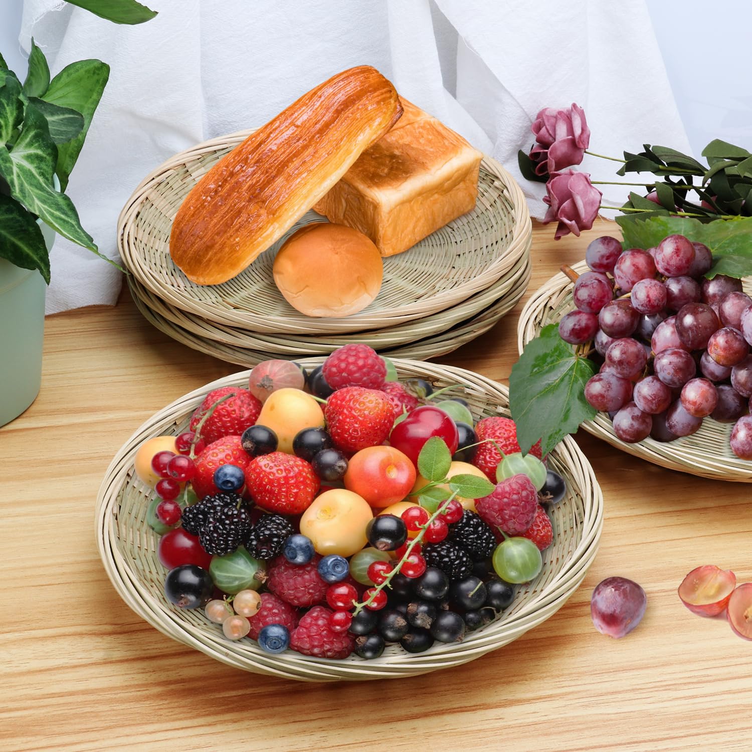 GNIEMCKIN 5 PCS 9.8 inch Bamboo Paper Plate Holder, Hand Weave wicker plate holders for Parties, Picnic, and Barbecue, Reusable.