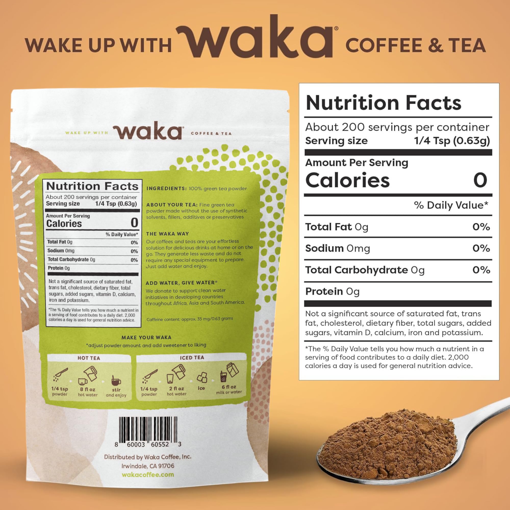 Waka Instant Green Tea Mix, Original - 100% Tea Leaves, No Additives, Unsweetened Tea Powder for 50 Quarts or 200 Cups - Easy and Quick Hot or Iced