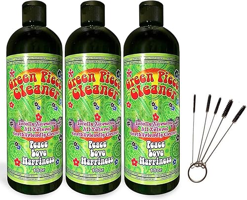 Green Piece® Glass Cleaner 3 Bottles (Made in USA) -16 oz and 5 Piece Mini Metal Nylon Tube Piece Cleaner Brush Set with Keychain Ring Combo
