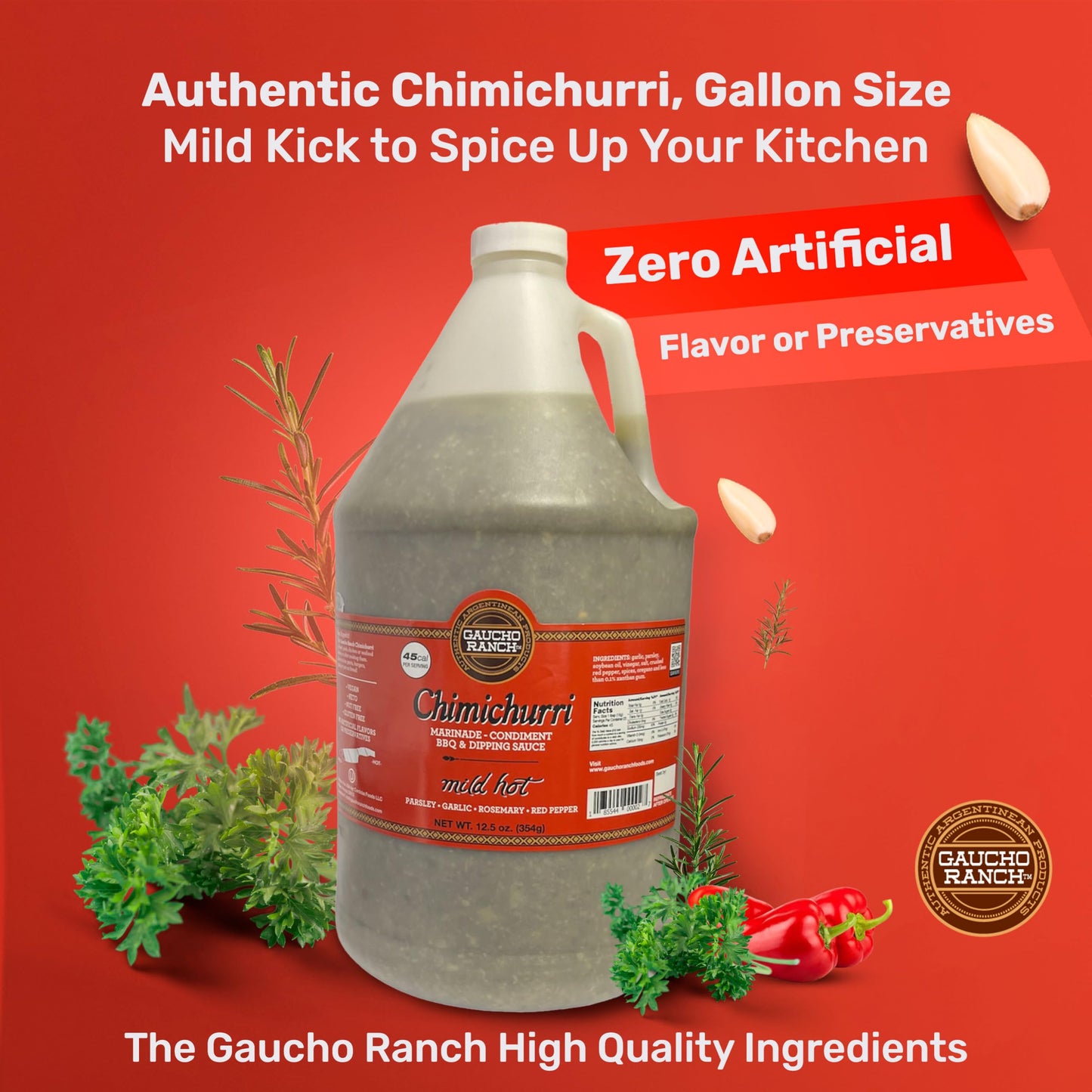 Gaucho Ranch Mild Hot Chimichurri Sauce, Zesty Gluten-Free Chimichurri Seasoning Blend with Fresh Organic Herbs, Premium Vegan Mild Hot Chimichurri