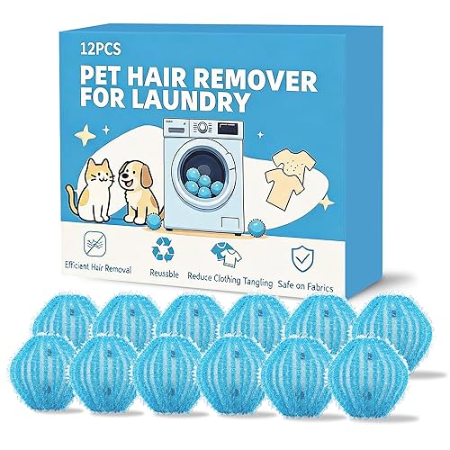12 Pack Pet Hair Remover for Laundry, Reusable Dog & Cat Hair Catcher, Washer & Dryer Safe Laundry Balls, Anti-Tangle Design, Helps Remove Lint & Fur