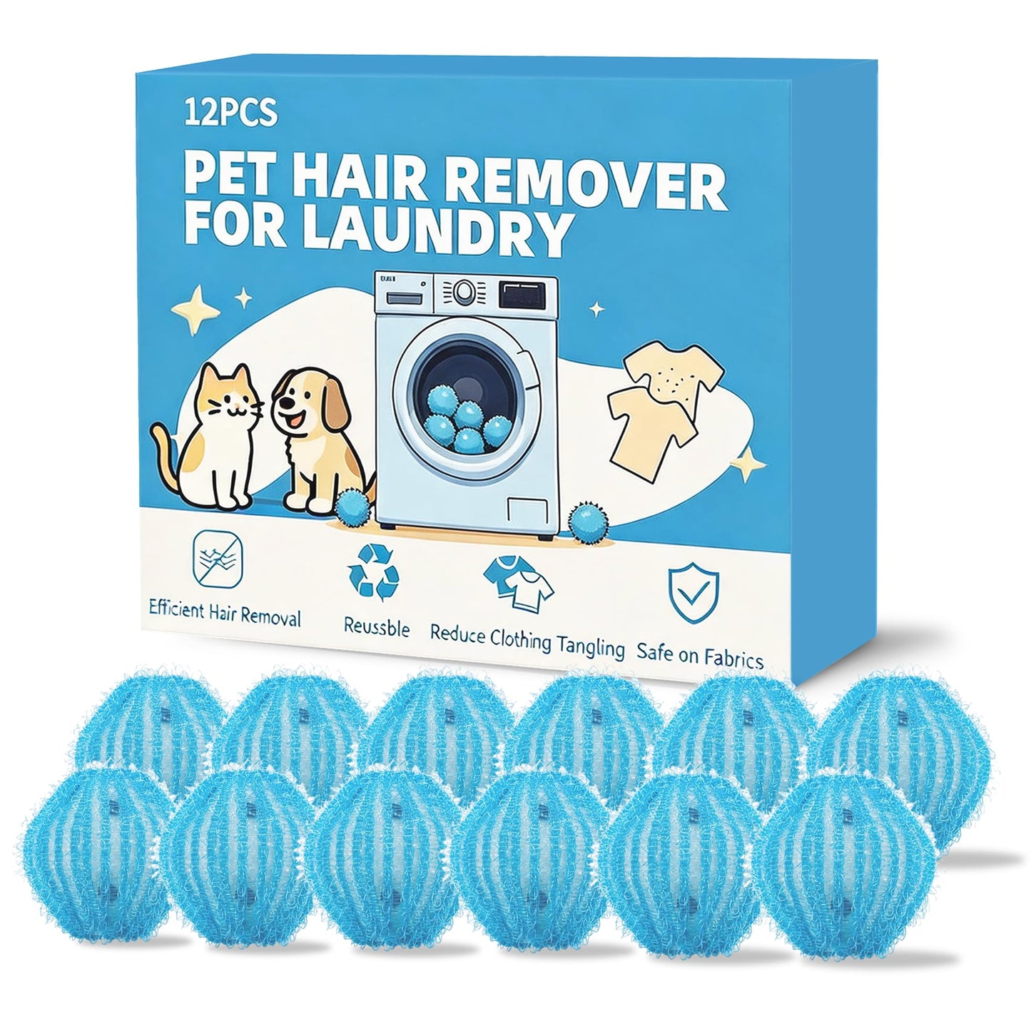 12 Pack Pet Hair Remover for Laundry, Reusable Dog & Cat Hair Catcher, Washer & Dryer Safe Laundry Balls, Anti-Tangle Design, Helps Remove Lint & Fur