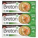 Breton Gluten Free Herb & Garlic Crackers (Pack of 3) - Non-GMO, Plant-Based, For Snacking, Dips, Cheese and Spreads, 3x4.76oz