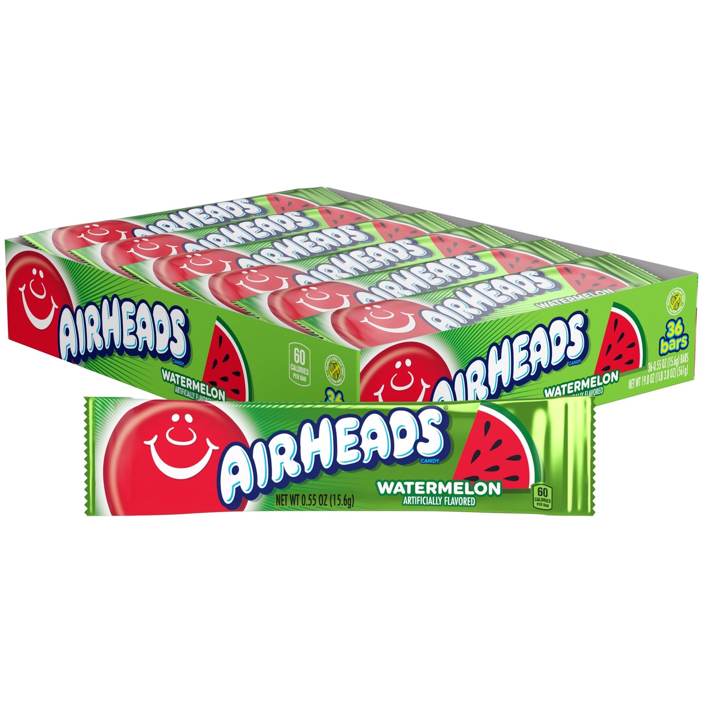Airheads Full-Size Candy Bars, Taffy Candy Pack, Individually Wrapped Bulk Candy, Watermelon Flavor Artificially Flavored, 36 Count Box