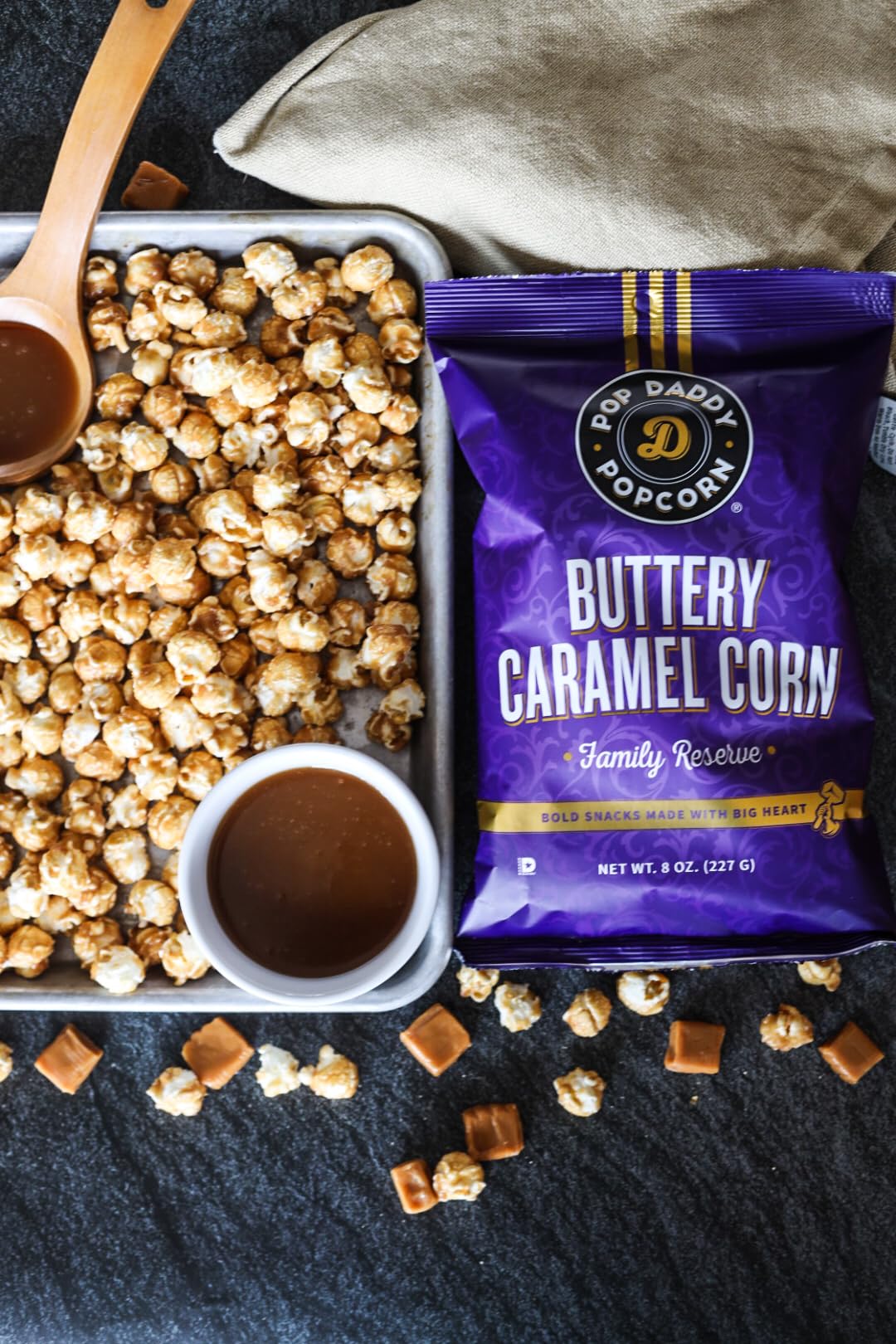 Pop Daddy Flavored Popcorn Gourmet, Buttery Caramel Flavor, Hand Seasoned Kernels Gluten Free Popcorn Snacks, 8oz Individual Bags, 3 Pack