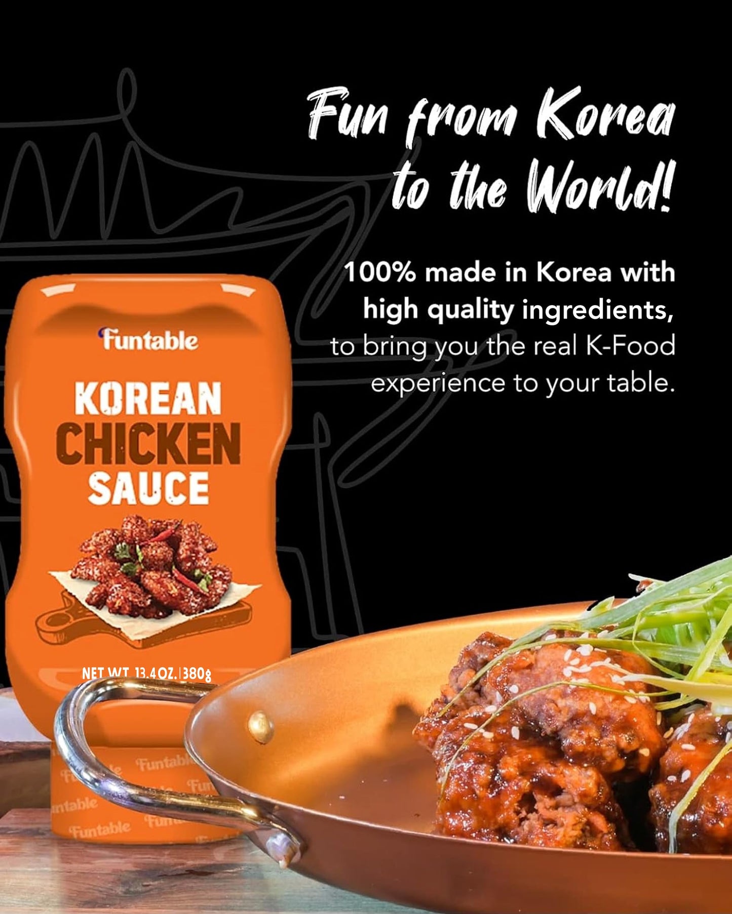 Funtable Delicious Korean Chicken Sauce (13.4 oz, Pack of 1) - Authentic Korean Flavor, Sticky & Tangy Sauce. Ideal for Fried Chicken, Nuggets