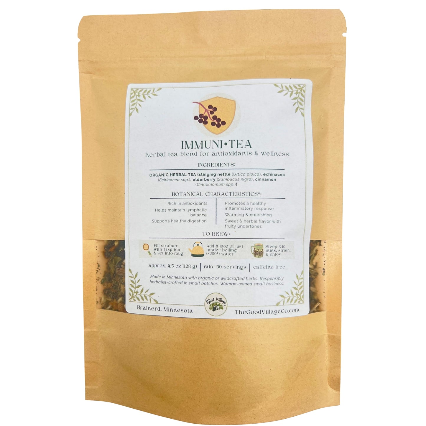 The Good Village Co. Immuni•Tea Loose Leaf Herbal Tea, Caffeine Free Botanical Blend with Elderberry, Echinacea, Ginger, Cinnamon & Stinging Nettle