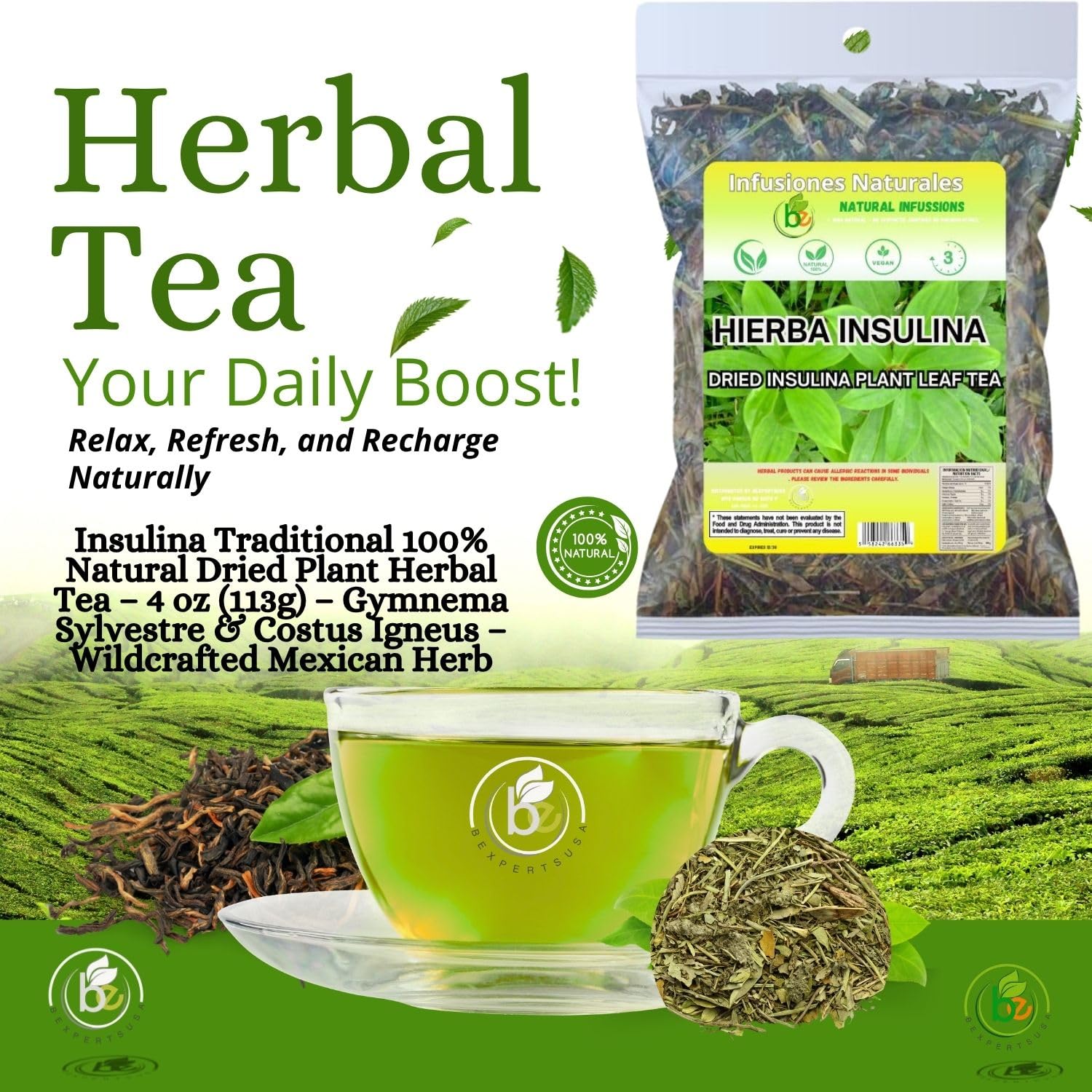 Insulina Traditional 100% Natural Dried Plant Herbal Tea - 4 oz (113g) - Gymnema Sylvestre & Costus Igneus - Wildcrafted Mexican Herb - Sugar-Free, 0