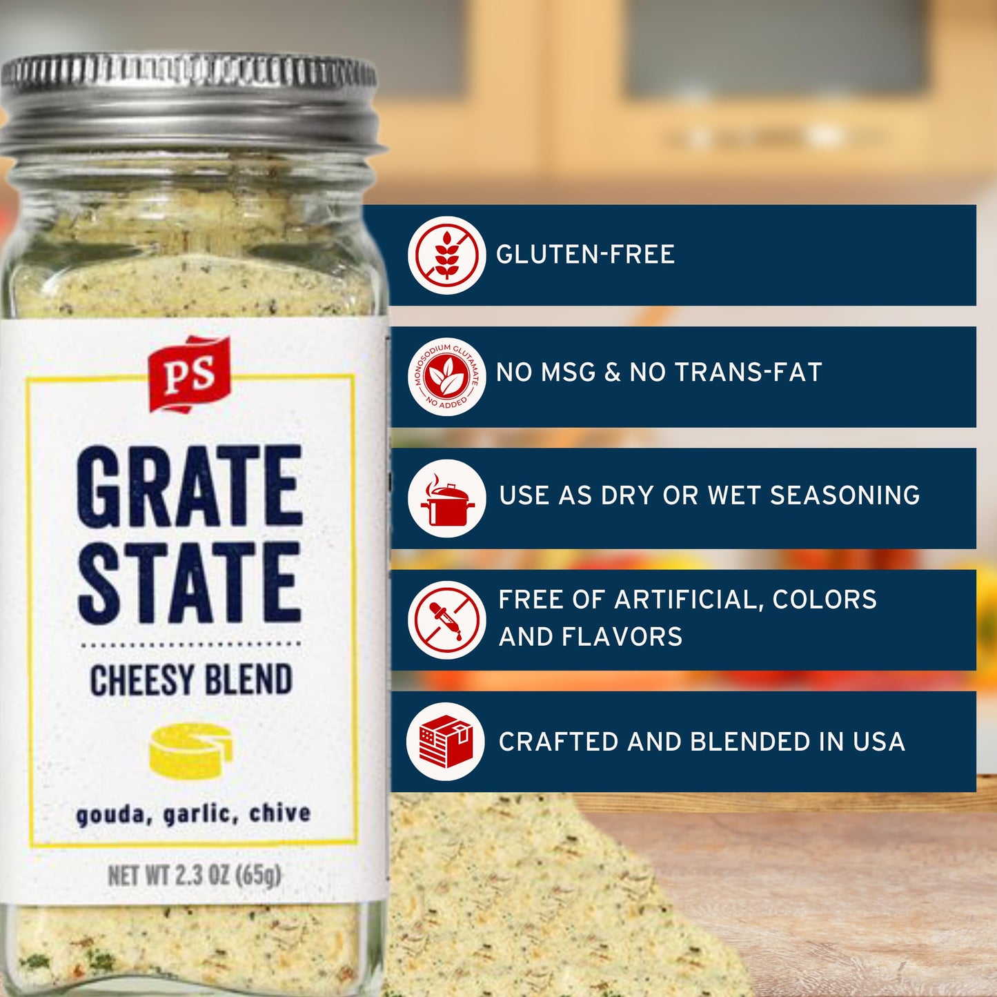 PS Seasoning Grate State Cheesy Blend Seasoning, Garlic Parmesan Mix for Mac and Cheese, Pasta, Fries, and More, Wisconsin-Crafted Zero Calorie
