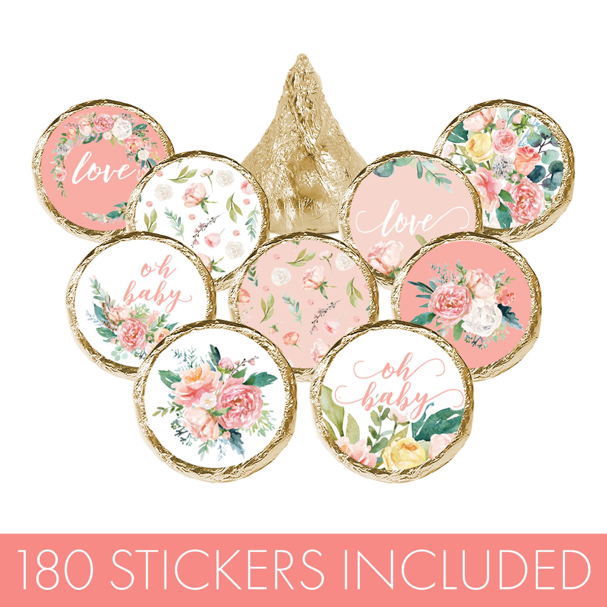 Baby in Bloom Party Favor Stickers, Pink Floral Baby Shower Chocolate Kisses Candy Labels - 180 Count