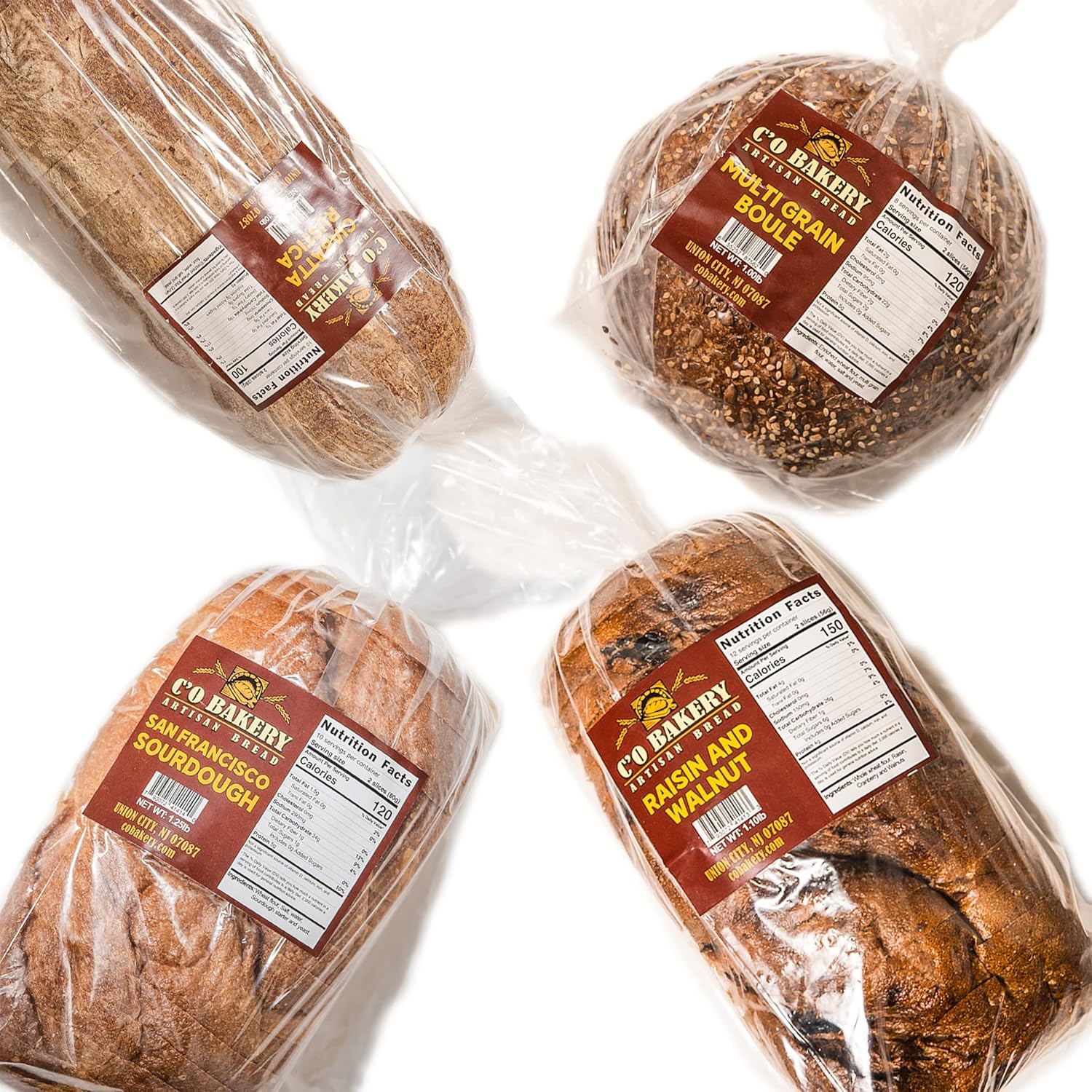 C’O Bakery Artisan Bread Variety Pack - Handmade, All Natural, High Fiber, Sliced Sandwich Loaf (Pack of 4 Loaves), Sourdough, Multigrain, Ciabatta