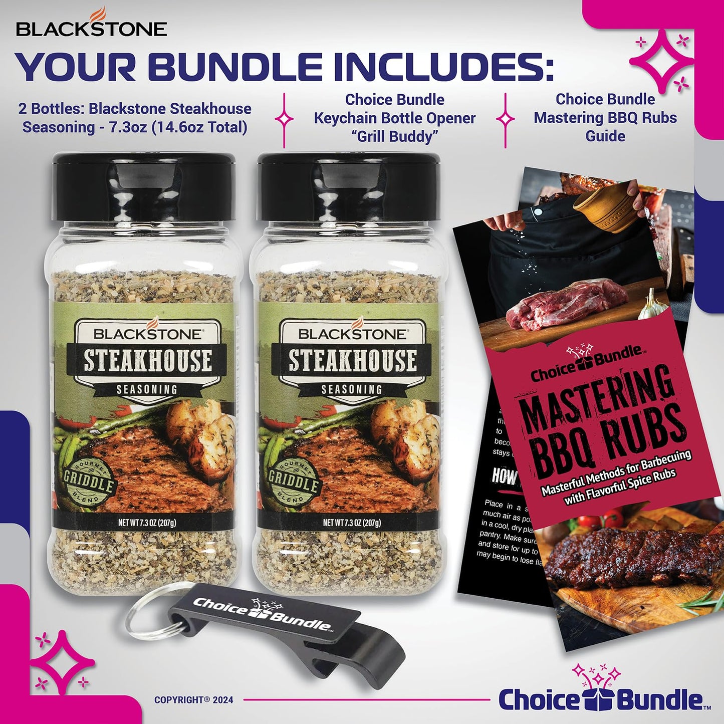Blackstone Steakhouse Seasoning - Gourmet Griddle Premium Barbecue Rub 2 Pk (14.6 oz) + BBQ Masters & Opener (4 Items)!