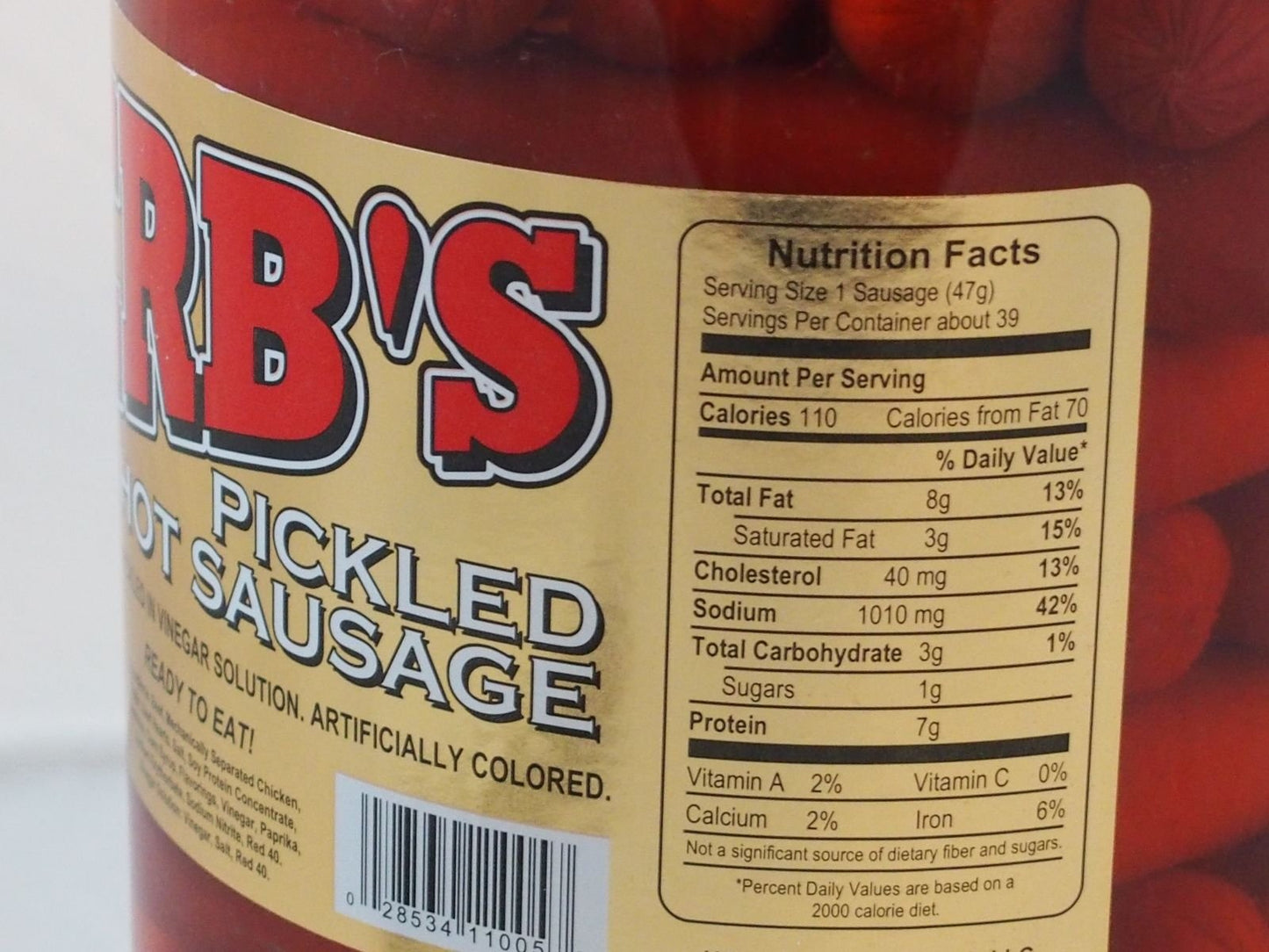 Herbs RED HOT Pickled Sausage (1 Gal. Jar) 39 Count Beef & Chicken No Pork ( From Jersey Candy Company)