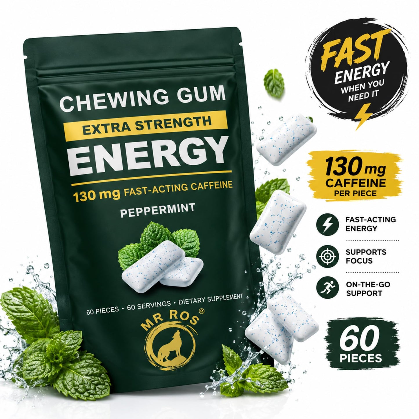 MR ROS Caffeine Gum - Energy Chewing Gum, 130 mg Caffeine per Piece, Fast Acting Energy & Focus, Sugar Free, Peppermint Flavor, 60 Pieces