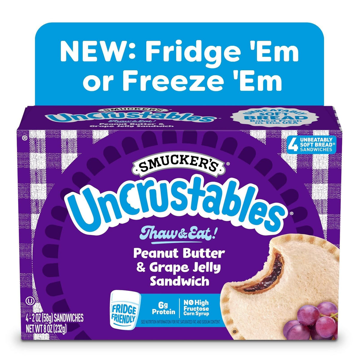 Smucker's Uncrustables Peanut Butter & Grape Jelly Frozen Sandwiches, Individually Wrapped, 120 Count