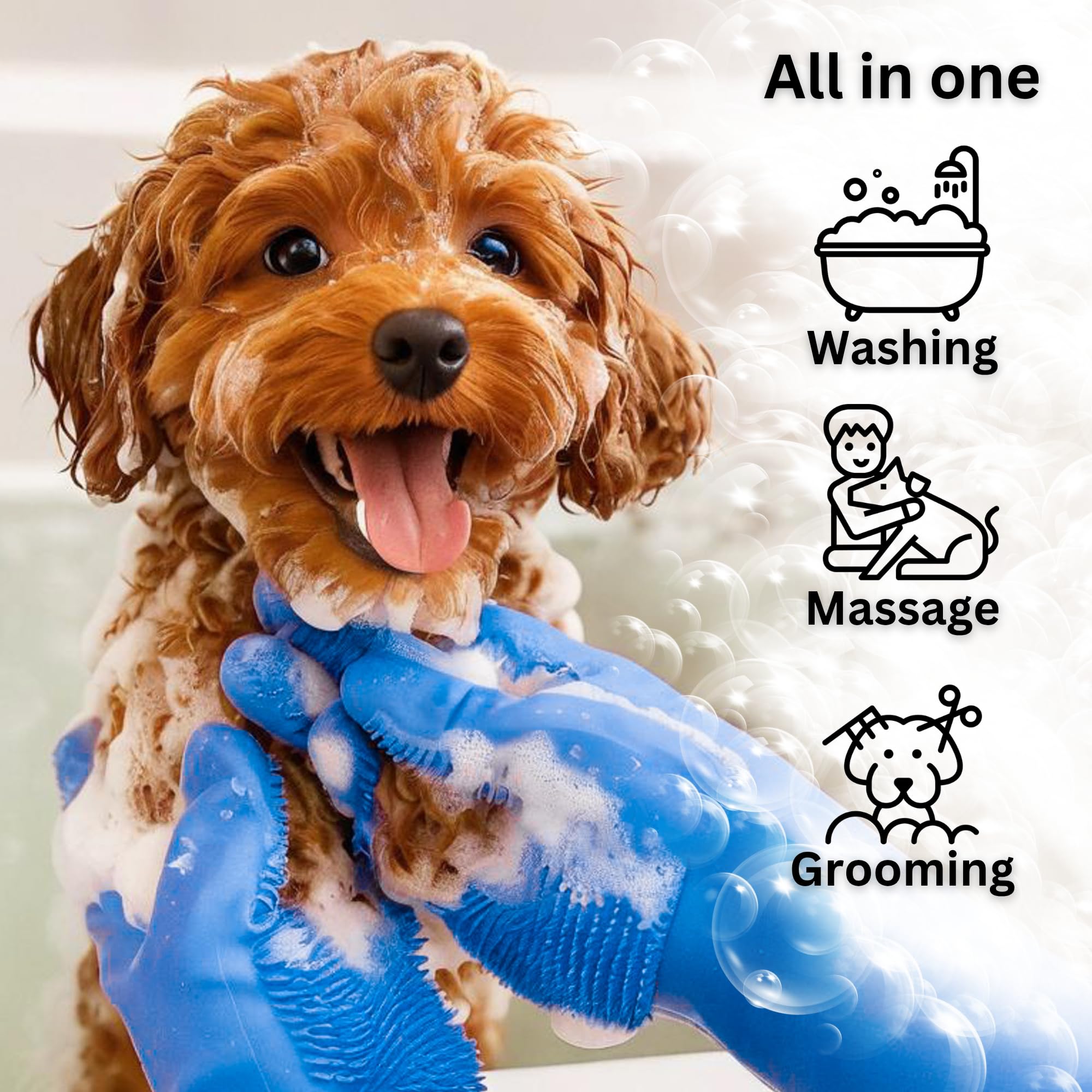 Bubble Hands Dog Washing Gloves with Bristle Scrubbers, Reusable Silicone Gloves Ideal for Pet Bathing, Massaging & Grooming (Blue)