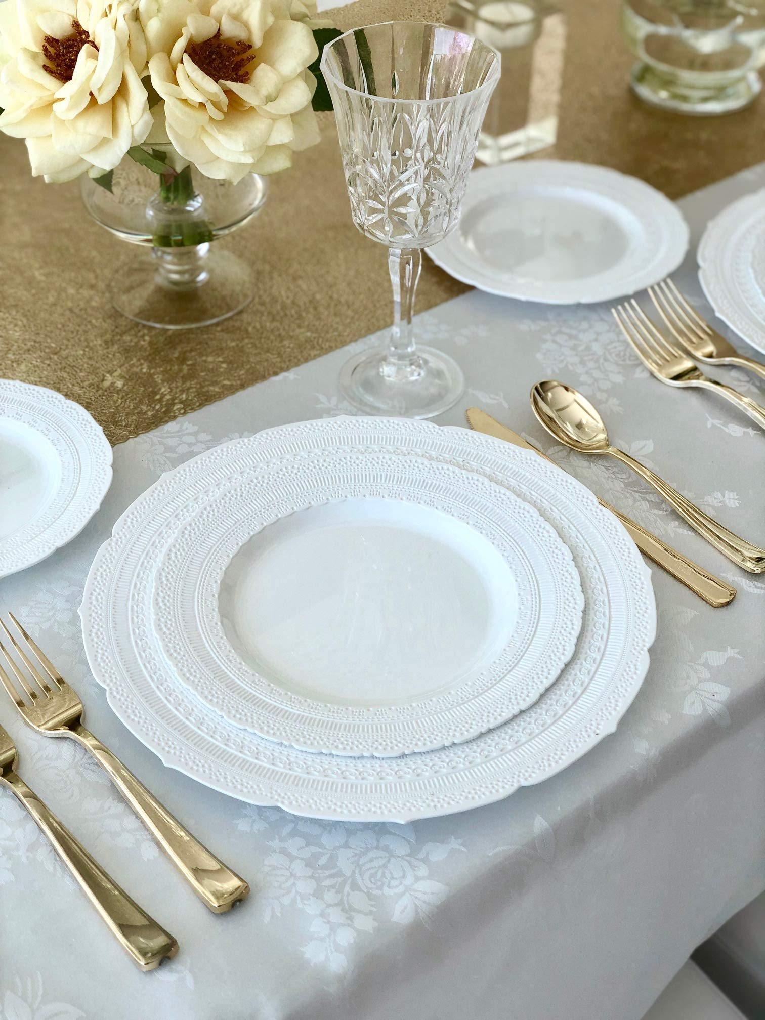 OCCASIONS 50 Fancy Disposable Plastic Plates for 25 Guests - Heavy Duty Wedding Party Dinnerware Set, 25x 11" Dinner +25x 8.25" Salad/Dessert, Looks