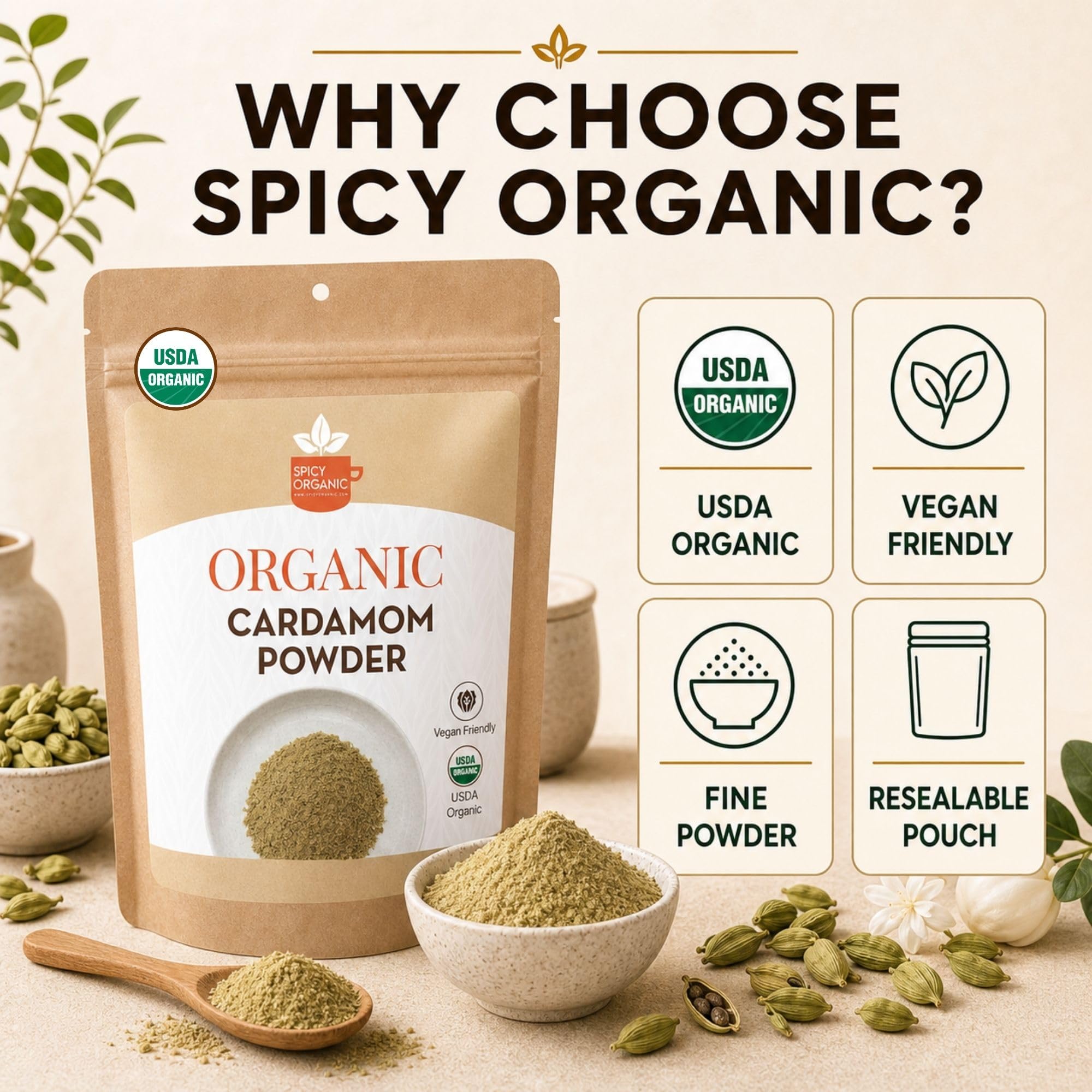 SPICY ORGANIC Ground Cardamom, 16 oz. - Fresh Cardamom Powder - Also Known as Elaichi, Cardamon - USDA Certified Organic, Gluten-Free, Non-GMO