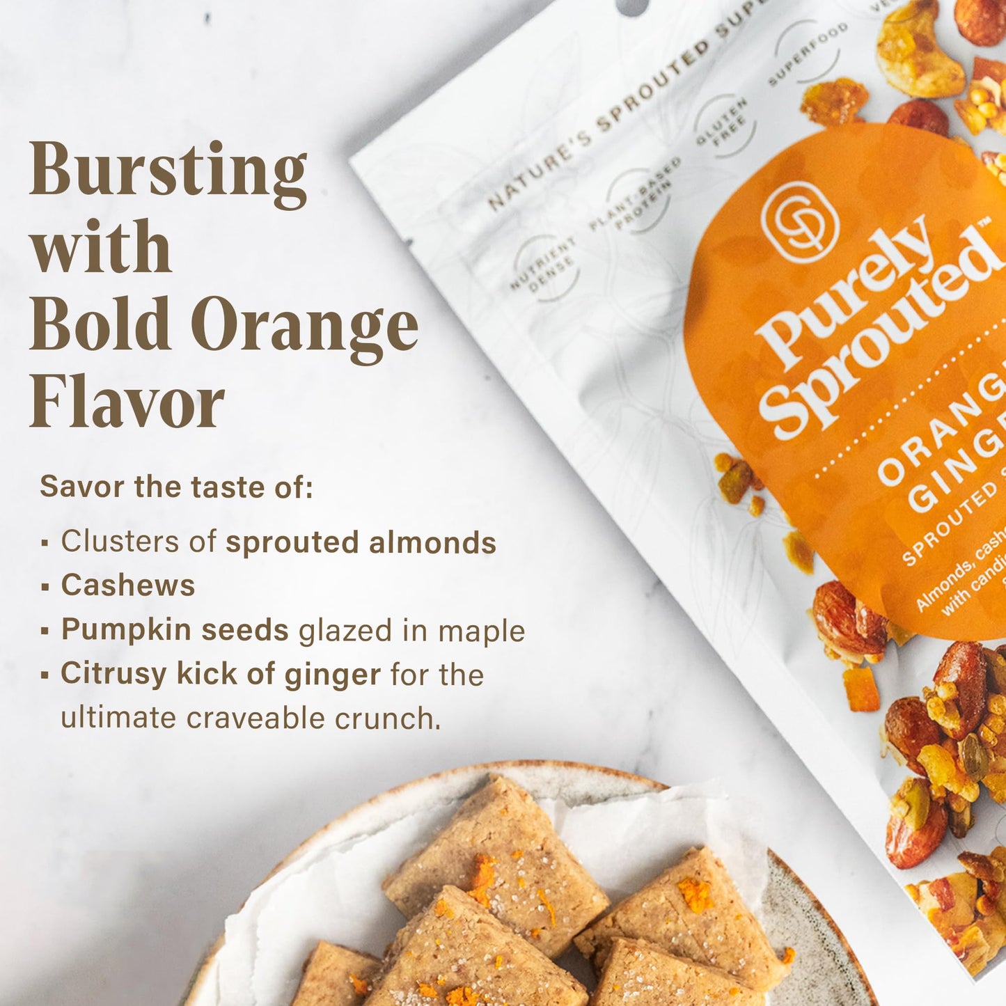 Purely Sprouted Orange Ginger Sprouted Snack Mix with Almond, Cashew Nuts & Pumpkin Seeds - Grain and Gluten Free, Non-GMO, Vegan - Ideal