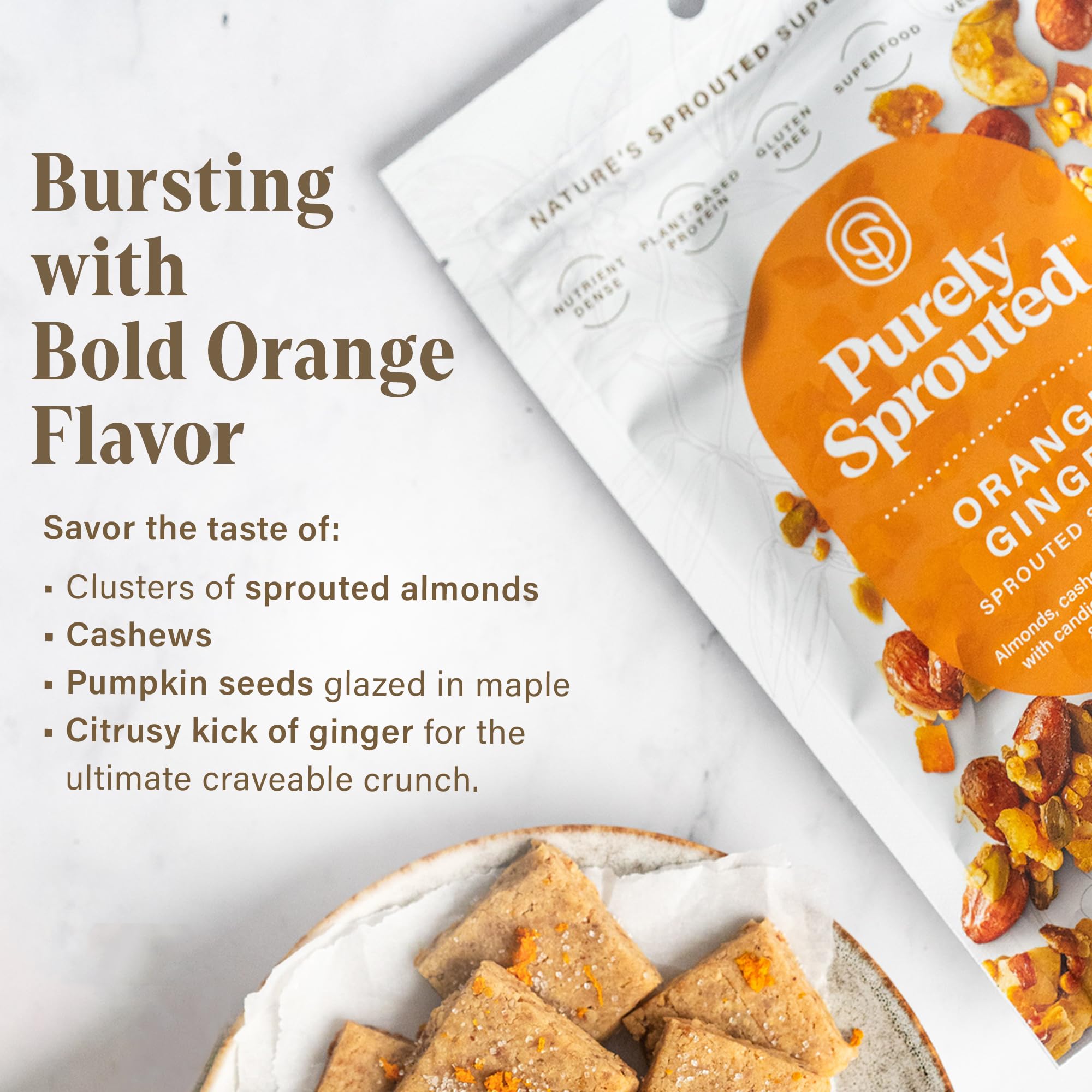 Purely Sprouted Orange Ginger Sprouted Snack Mix with Almond, Cashew Nuts & Pumpkin Seeds - Grain and Gluten Free, Non-GMO, Vegan - Ideal