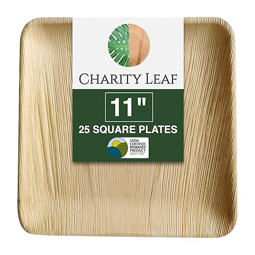 Charity Leaf Disposable Palm Leaf 11" Square Plates (25 pieces) Bamboo Like Serving Platters, Disposable Boards, Eco-Friendly Dinnerware For Weddings