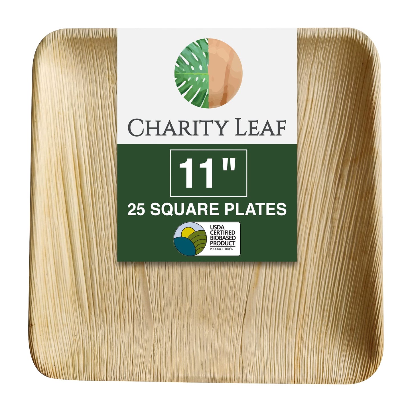 Charity Leaf Disposable Palm Leaf 11" Square Plates (25 pieces) Bamboo Like Serving Platters, Disposable Boards, Eco-Friendly Dinnerware For Weddings