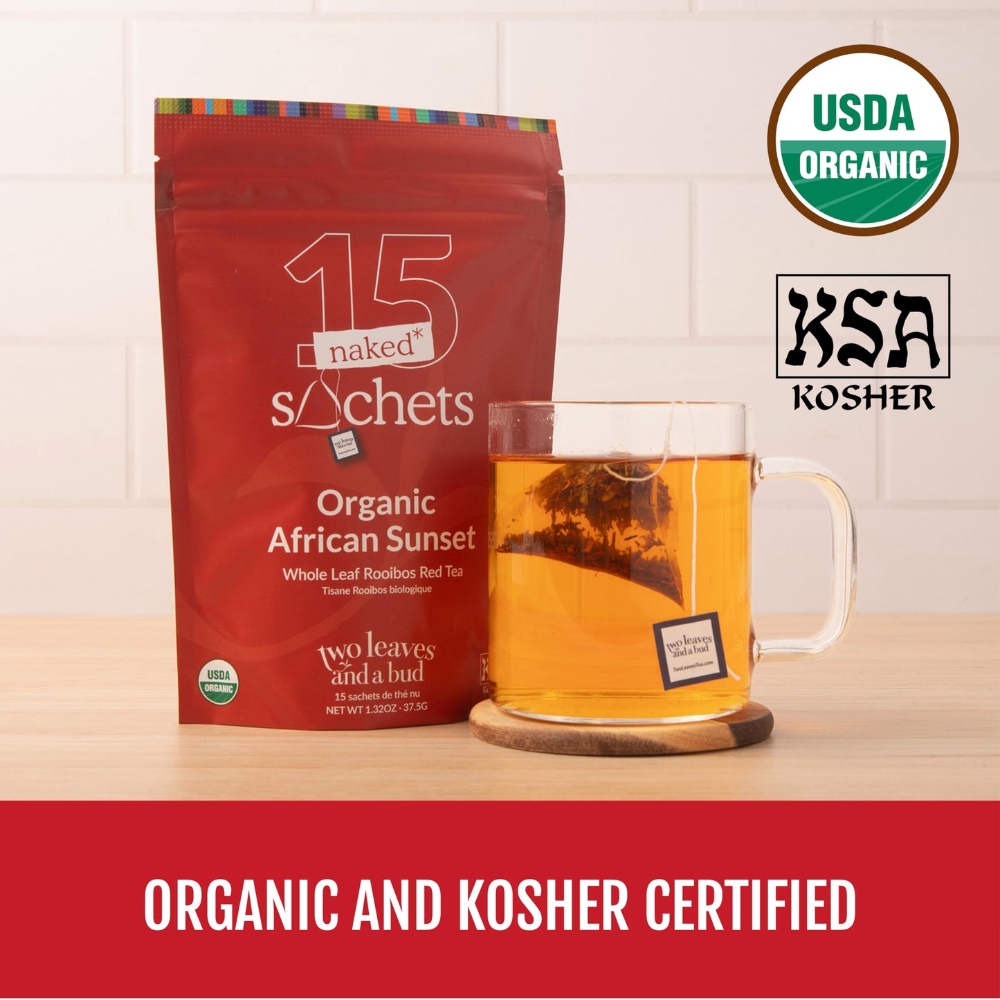 Two Leaves and a Bud Organic African Sunset - 15 Naked Tea Sachets, Naturally Caffeine Free, Whole Leaf Rooibos Herbal Tea in Unwrapped Pyramid
