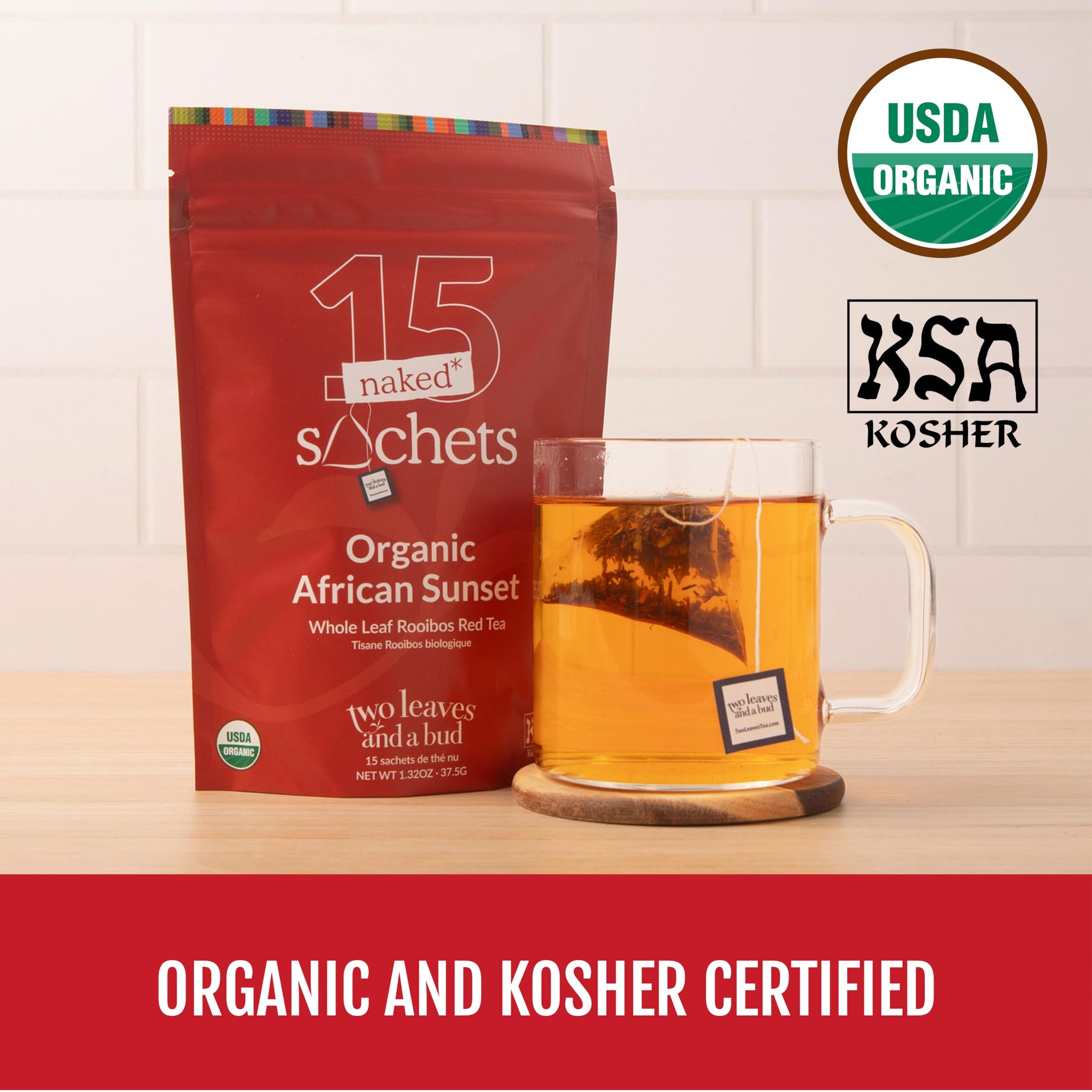 Two Leaves and a Bud Organic African Sunset - 15 Naked Tea Sachets, Naturally Caffeine Free, Whole Leaf Rooibos Herbal Tea in Unwrapped Pyramid