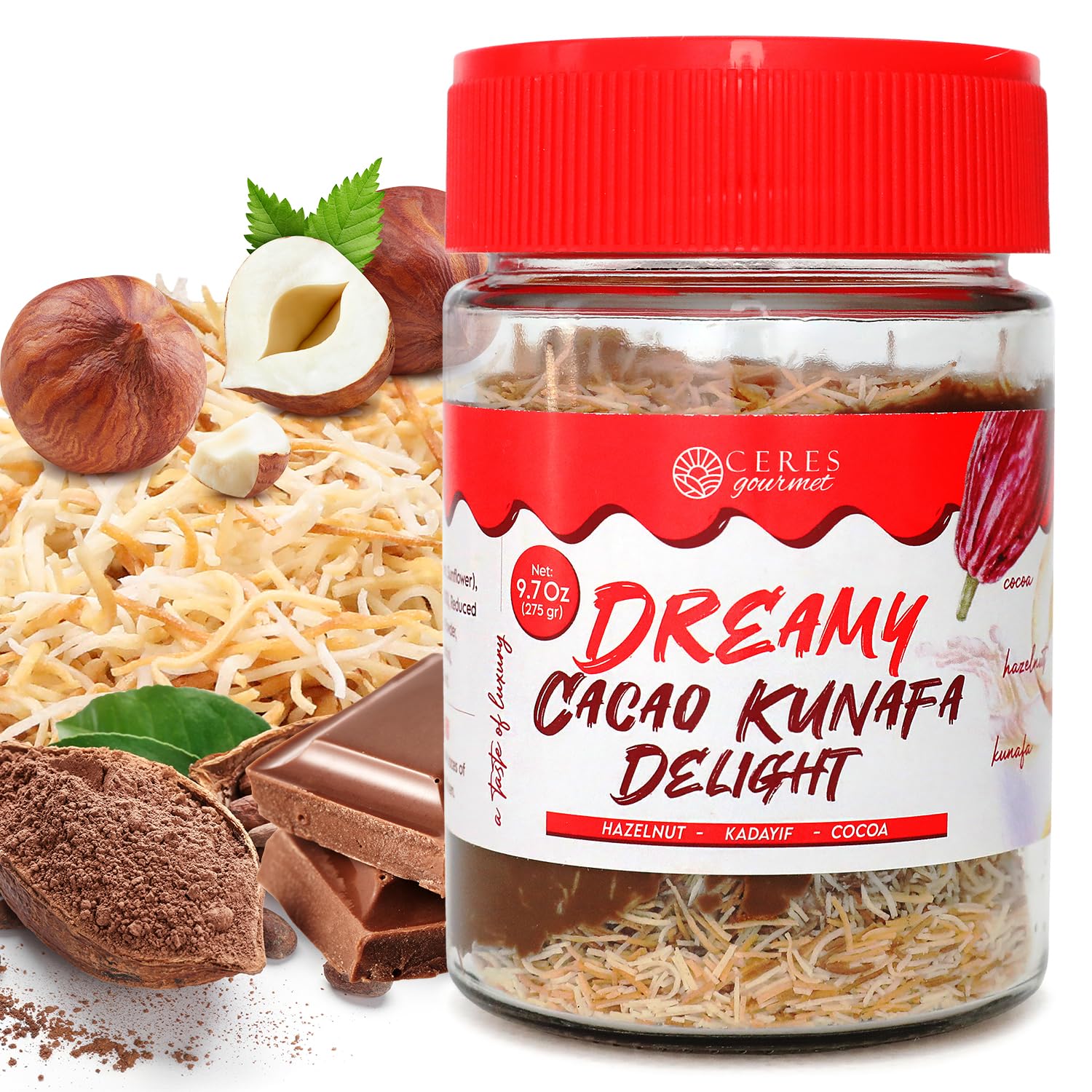 Ceres Gourmet Dubai Chocolate Crunchy Spread, 9.7 oz, Premium Spreadable Dubai Chocolate with Hazelnut and Crispy Kataifi, Rich Nutty Gourmet