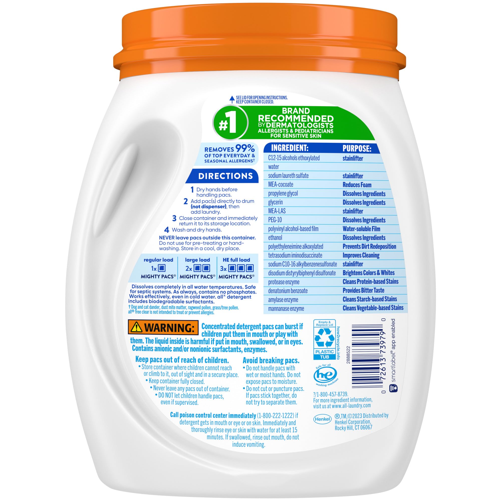 all Laundry Detergent Pacs, Mighty Pacs with OXI Stain Removers and Whiteners, Free Clear, Unscented and Dye Free, 56 Count