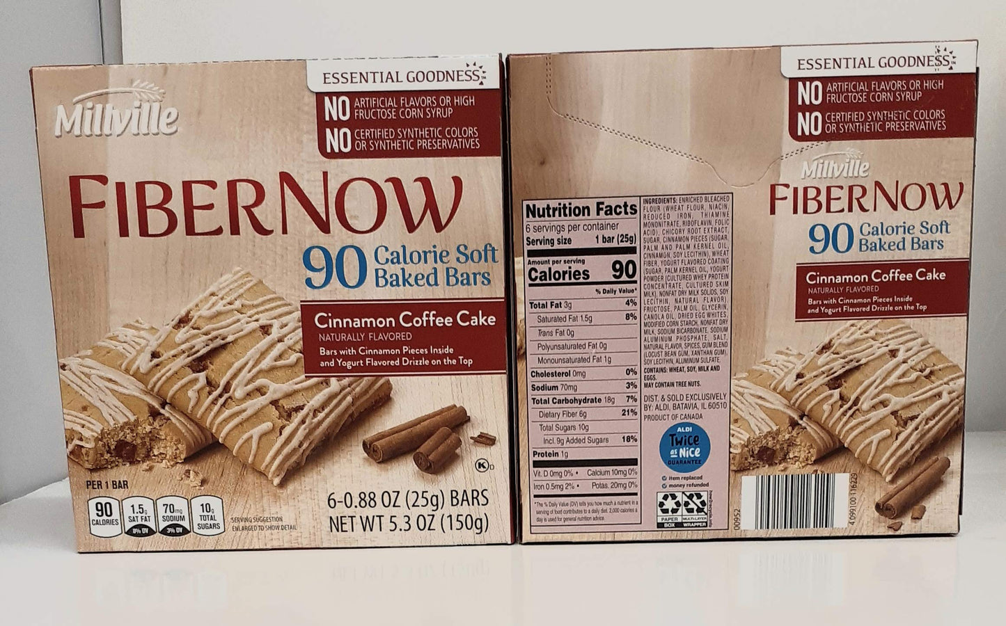 Millville Fiber Now 90 Calorie Cinnamon Coffee Cake Fiber Bar with Cinnamon Pieces Inside & Yogurt Drizzle on Top (Pack of 2)L8