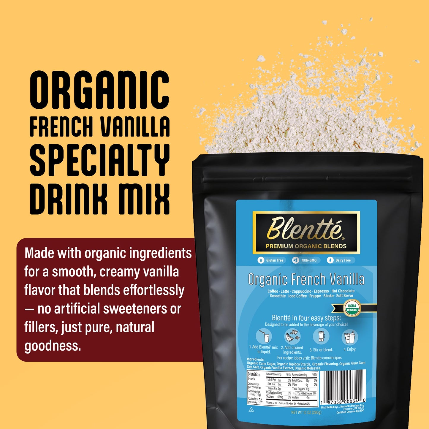 Blentte - Organic French Vanilla Drink Mix - Latte, Cappuccino, Frappe, Hot Chocolate & Coffee Blend - For Instant Delicious Beverage - Non-GMO